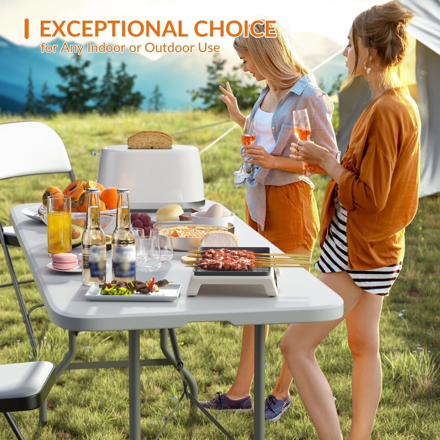 Elevon Folding Table Set with 8 White Folding Chairs,6 Feet Heavy Duty Fold-in-Half Utility Table Sets for Picnic, Event, Training, Outdoor Activities, at Home and Commercial Use