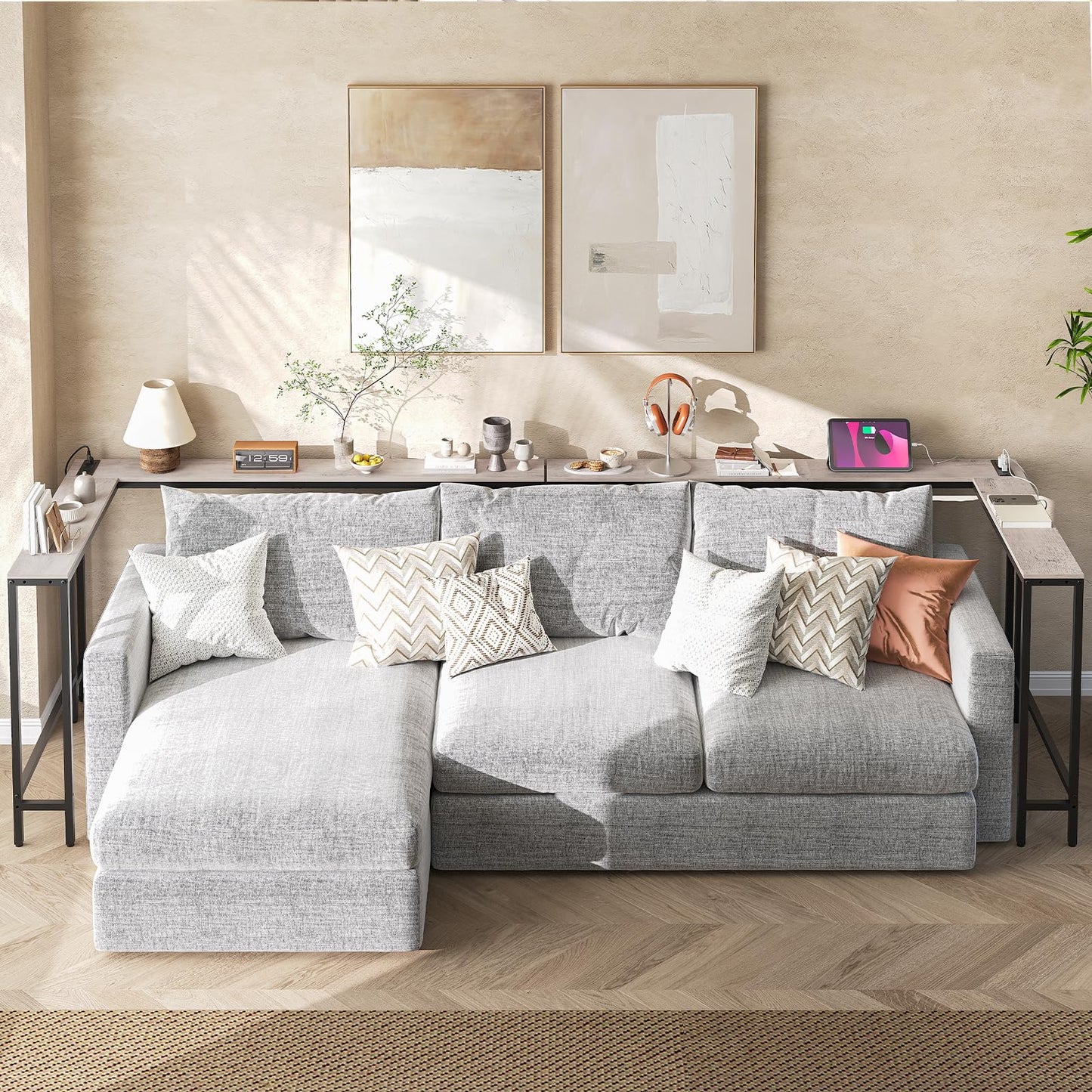 YATINEY Narrow Console Table with Outlets, 78.7" Sofa Table Narrow Long, L Shaped Behind Couch Entryway Table with Charging Station, for Living Room, Hallway, 3 Assembly Options, Greige CT17UBG