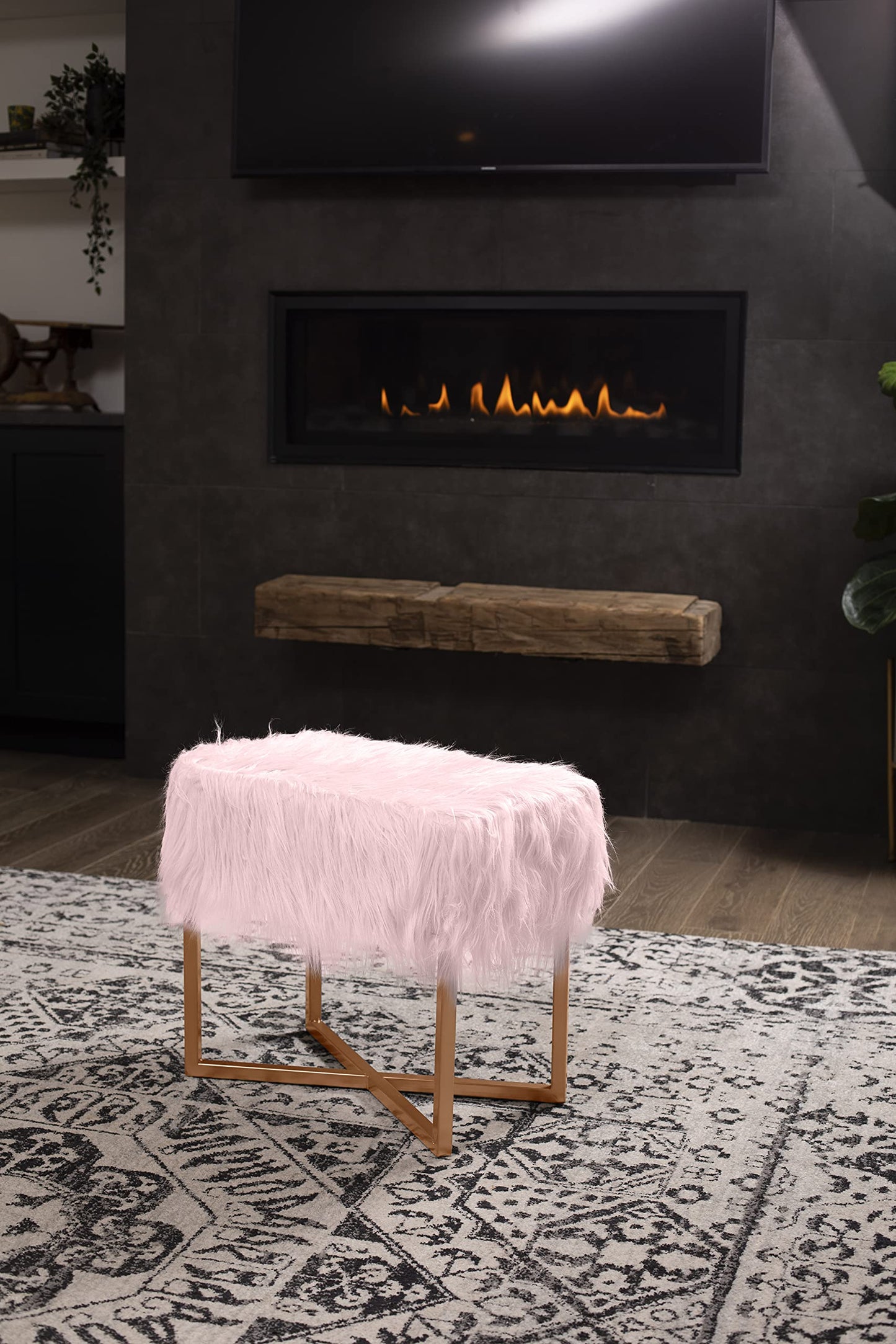 BIRDROCK HOME Rectangular Faux Fur Vanity Foot Stool Ottoman with Metal Legs - Small Soft Padded and Fluffy Makeup Seat or Foot Rest for Bedroom, Desk, or Dressing Table (Pink and Pale Gold)