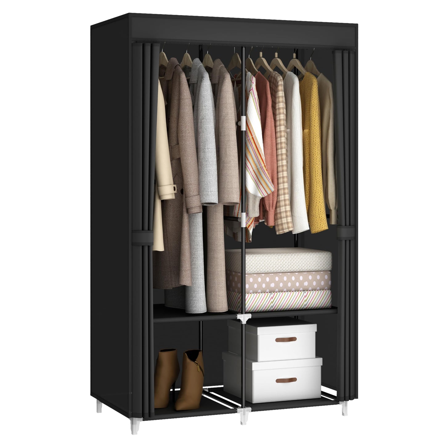 MOGELAFOO Portable Closet Wardrobe for Small Room, 35-Inch Clothing Organizer Storage Rack with 2 Clothes Hanging Rods and 4 Shelves, Non-Woven Fabric Cover, Black
