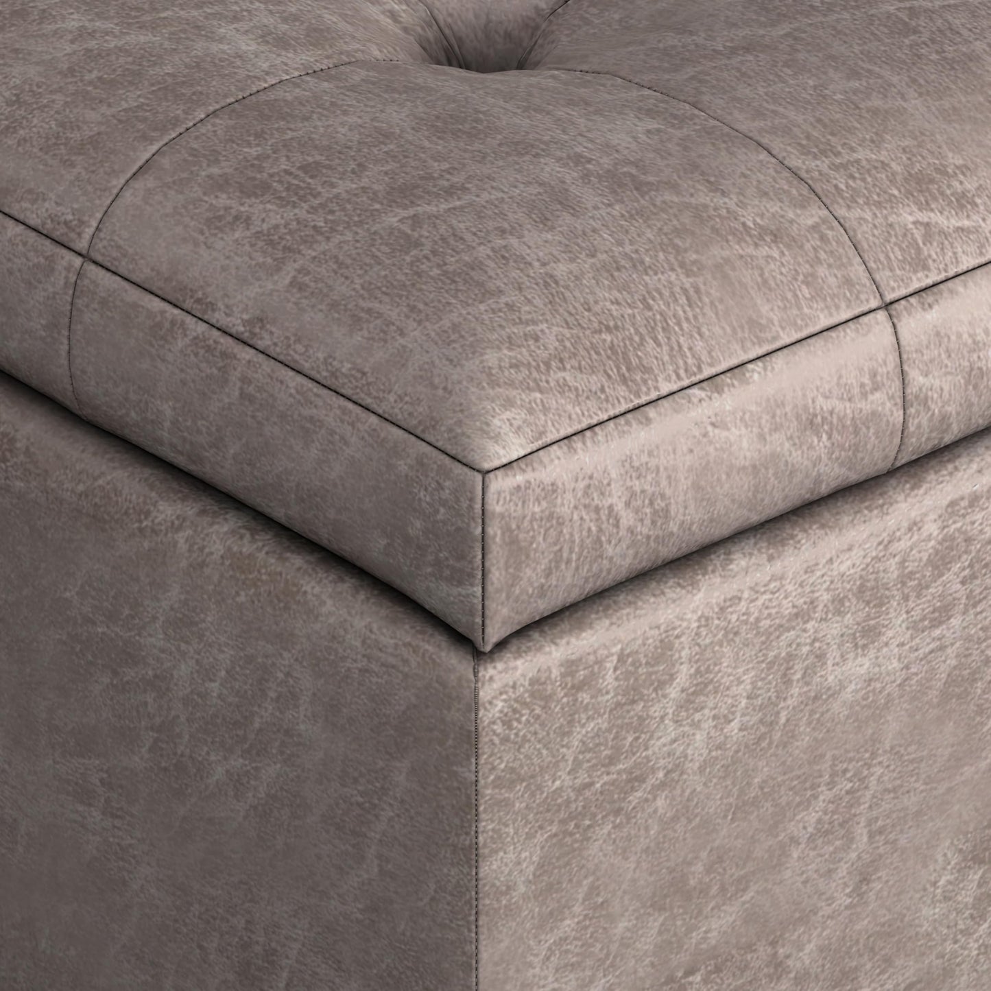 SIMPLIHOME Cosmopolitan Storage Ottoman - 34 inch Wide Upholstered Vegan Leather Rectangle Storage Ottoman Bench in Distressed Grey Taupe, Transitional Tufted Ottoman for Living Room with Lift-Up Lid