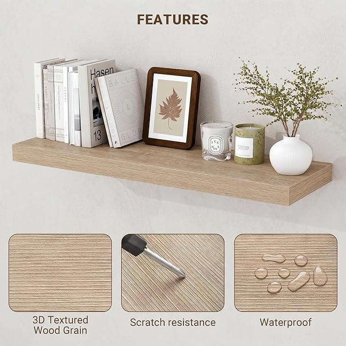 Acovy 48 Inch Floating Shelves, 3D Textured Wood Grain, Wooden Shelves