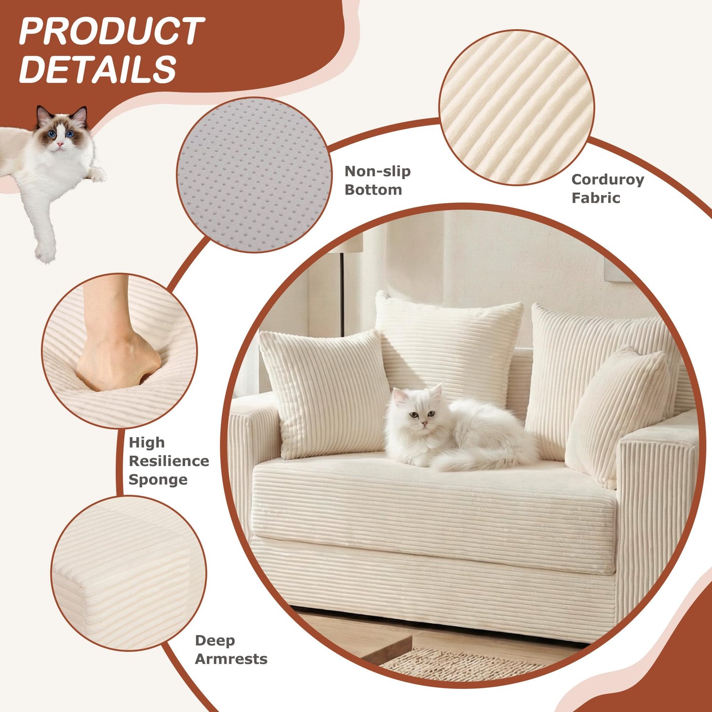 AOLVDOW Convertible Sofa Bed, 5 in 1 Small Boneless Couch Pull Out Loveseat Sleeper Sofa,Corduroy Futon Couch Folding Mattress with 4 Pillows for Living Room