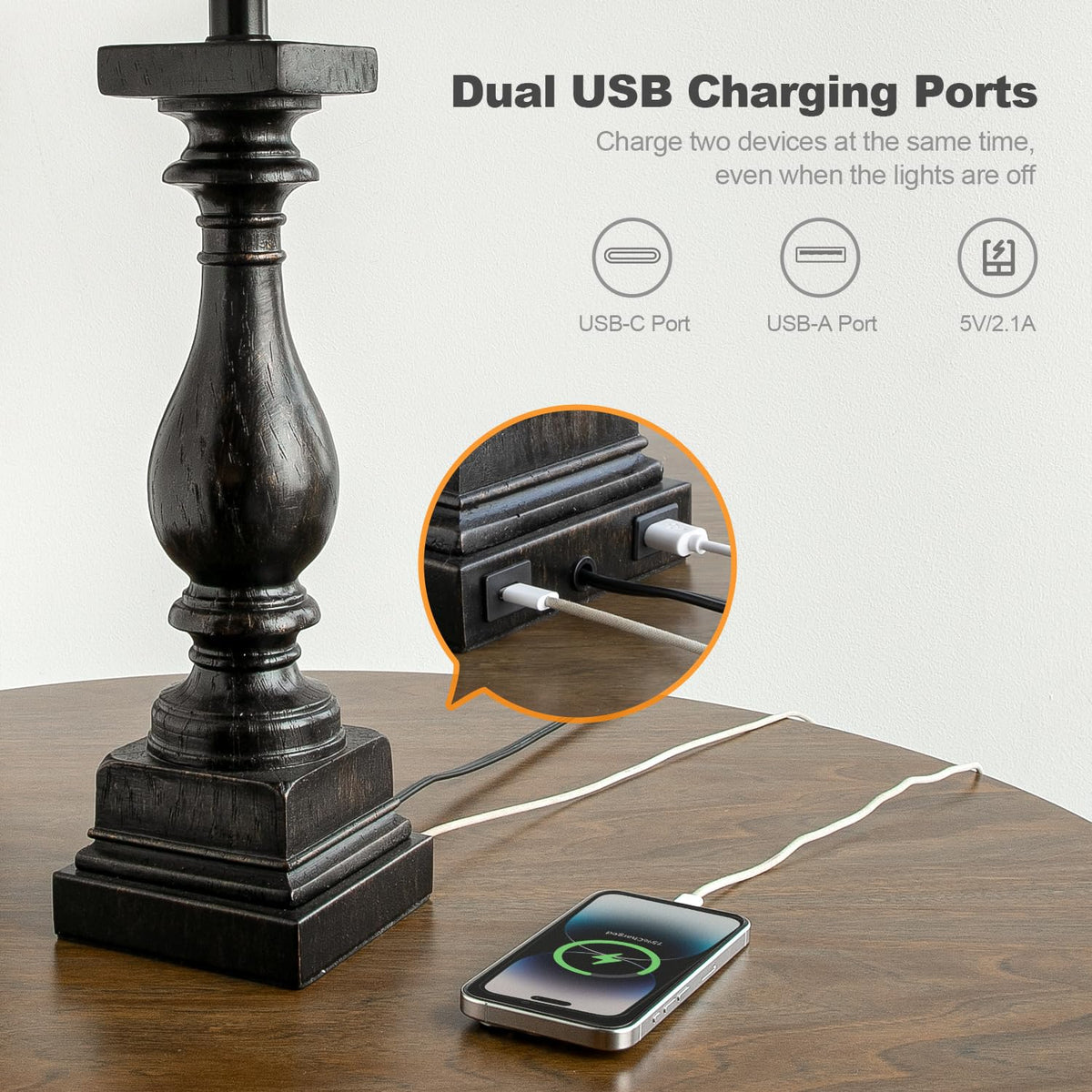 BOBOMOMO 27" Farmhouse Black Table Lamp Set of 2 with USB A+C for Bedroom Living Room Vintage Rustic Traditional Nightstand Bedside Lamps Retro Side Table Lamps (Blubs not Included)