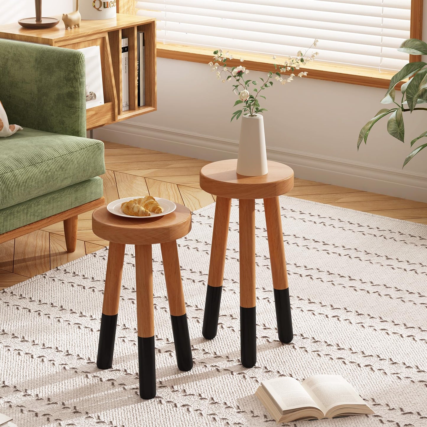 JOLLYMER Rubber Wood 9" Round Plant Stand |Dip Dyed Black Accent Stool |Small Drinking Table |Side Table(18" H)