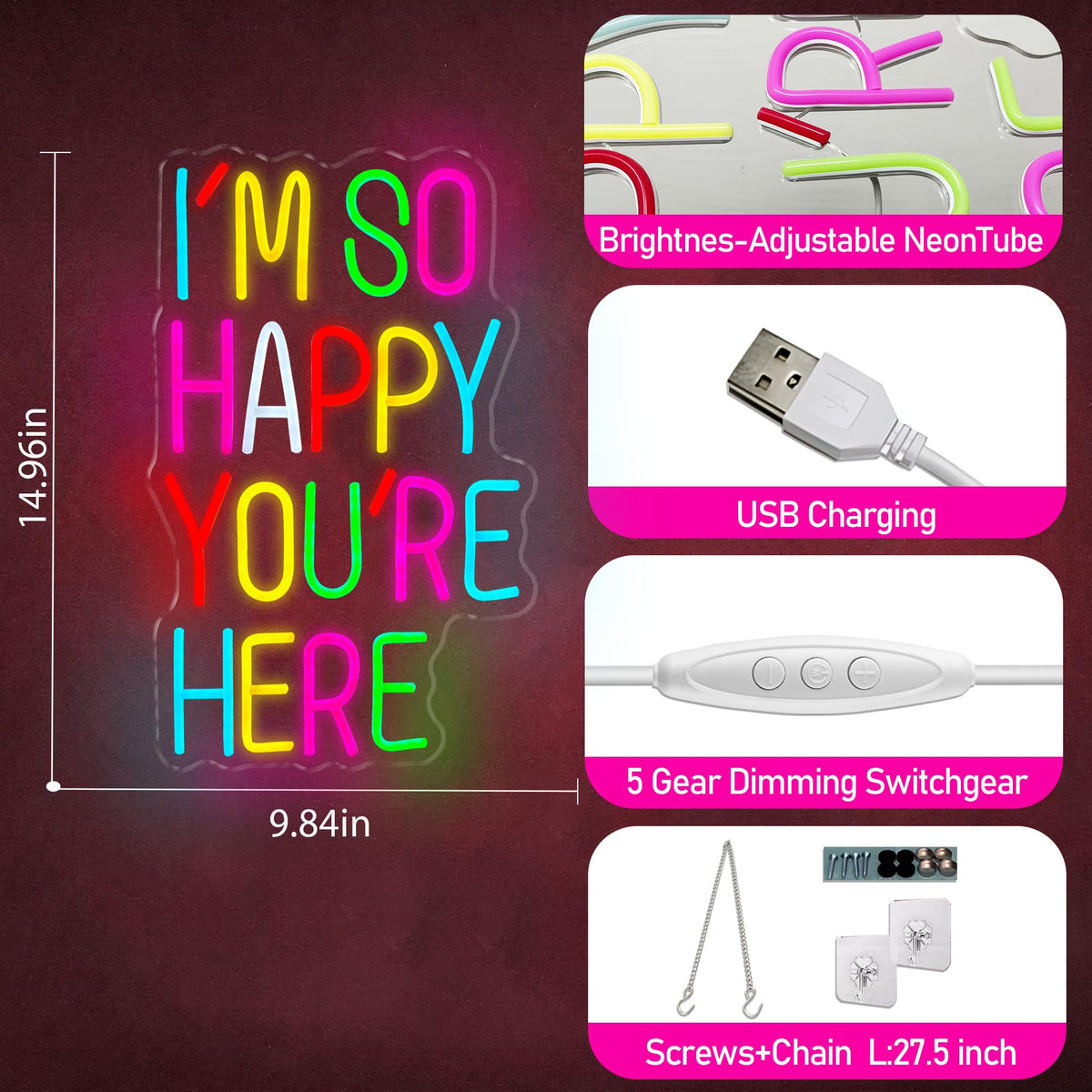 I’m So Happy You Are Here Neon Sign, Dimmable LED Light Up Neon Sign for Girls Bedroom Club Wedding Bachelorette Valentine's Day Party Wall Decor Birthday Christmas Gift for Daughter Teen Girls Friends (I’m So Happy You Are Here)