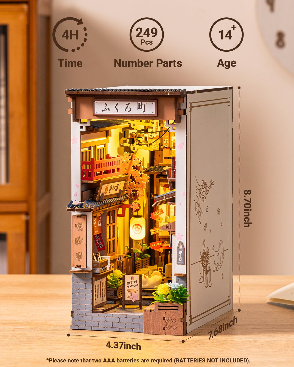 ROBOTIME Japanese Book Nook Kits, DIY Miniature House Kit for Adults 3D Wooden Puzzle, Bookends Bookshelf Diorama Creative Decorative Crafts Kits Unique Gifts for Teens & Beginners (Sakura Wine Alley)