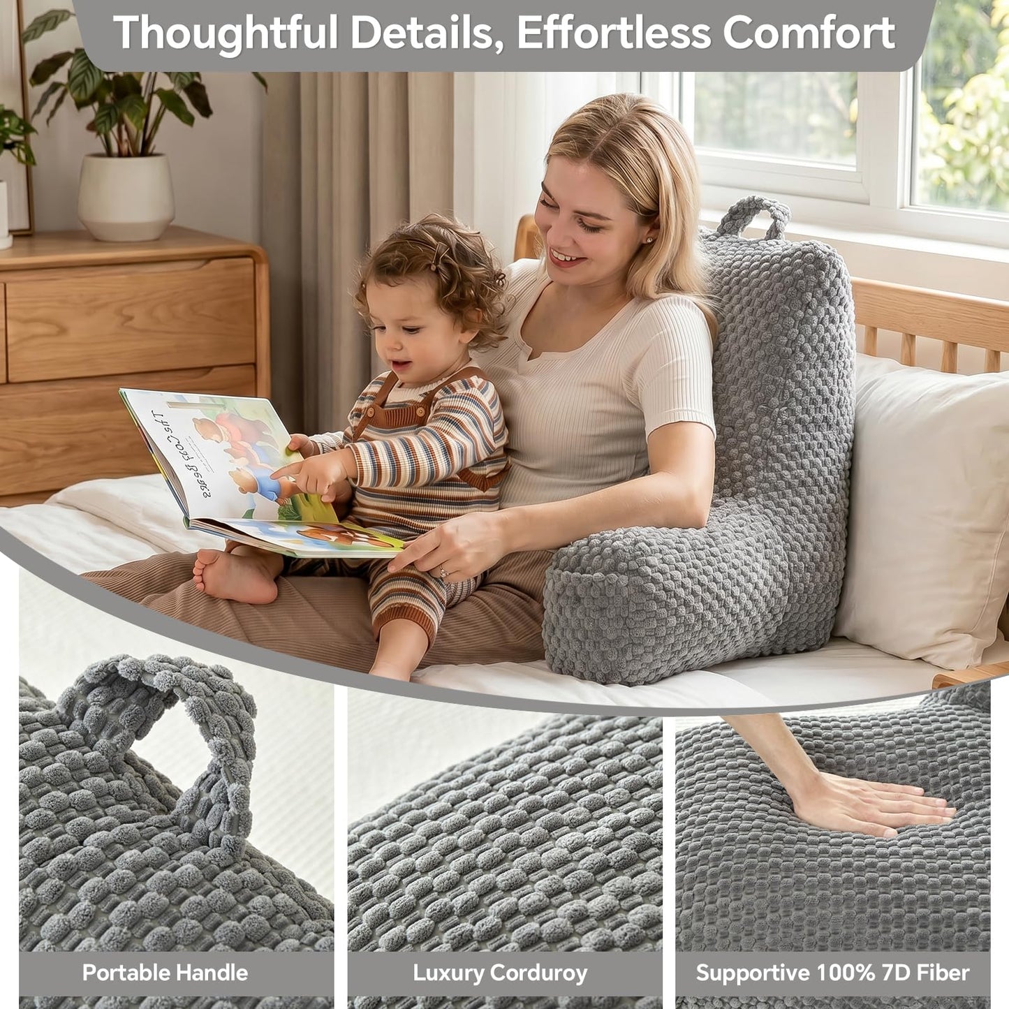 19" Back Support Pillow for Dorm Room Essentials,Gray Corduroy,Large