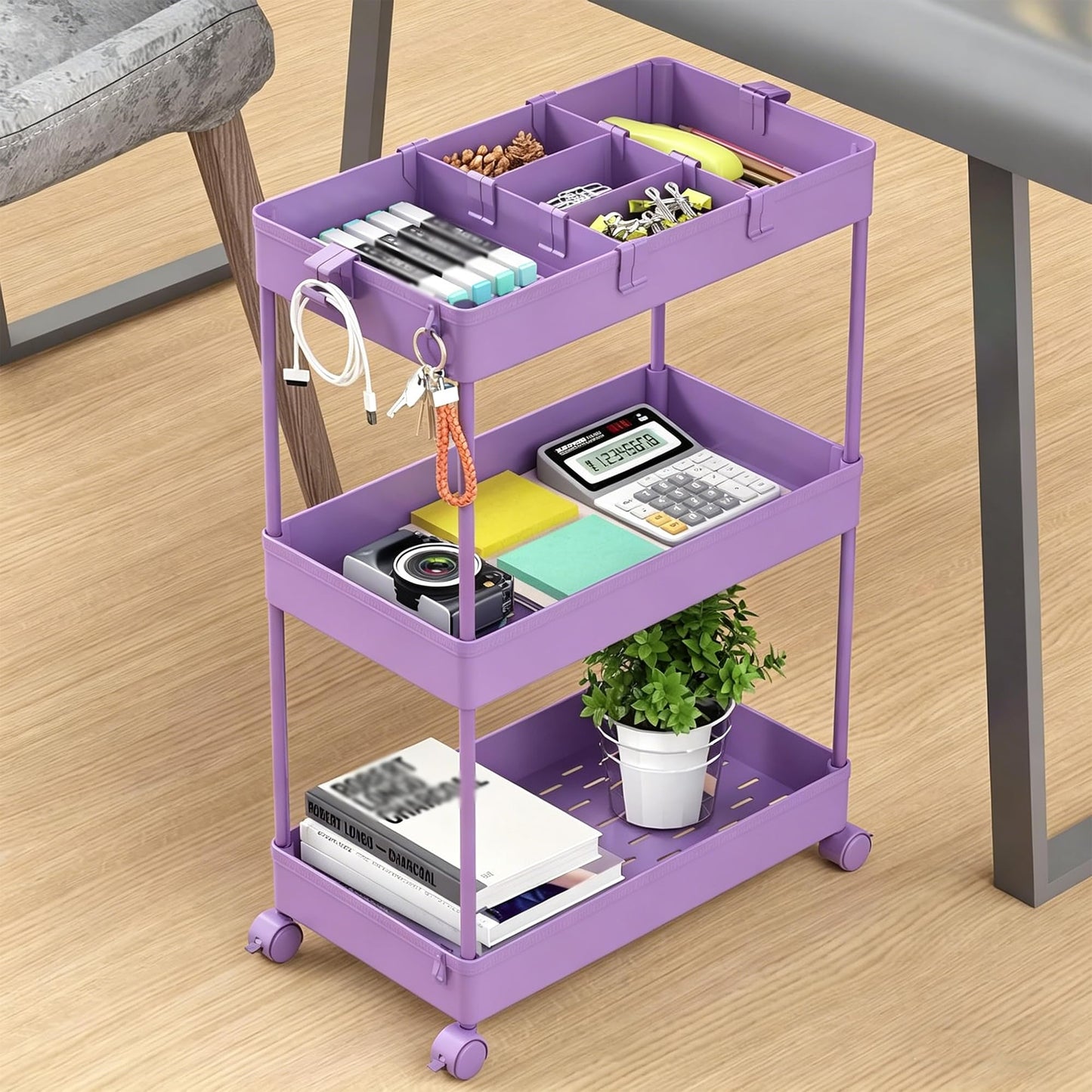 SPACELEAD Slim Storage Cart 3 Tier,Bathroom Organizer Rolling Utility,Mobile Shelving Unit Slide Out for Office, Kitchen, Laundry Room & Narrow Places,Purple