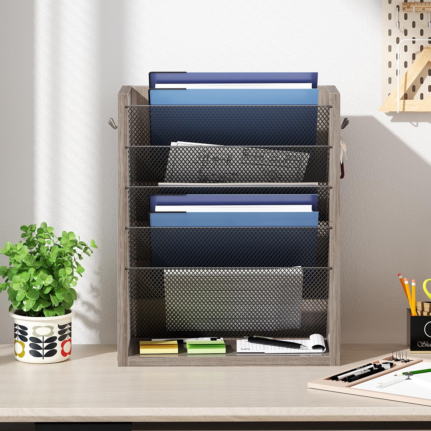 Creso hom Mail Organizer Wall Mounted, 6-Tier Wall File Organizer with 2 Hooks, Wooden Desk Organizer Magazine Holder with Bottom Flat Tray, for Office Home, Greige