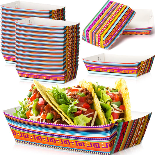 50 Pack Mexican Taco Nights Food Trays Deli Trays Nacho Popcorn Candy Snack Holder Grease Proof Containers Boats Disposable Taco Bar Serving Plates for Christmas Thanksgiving Fiesta Birthday Party