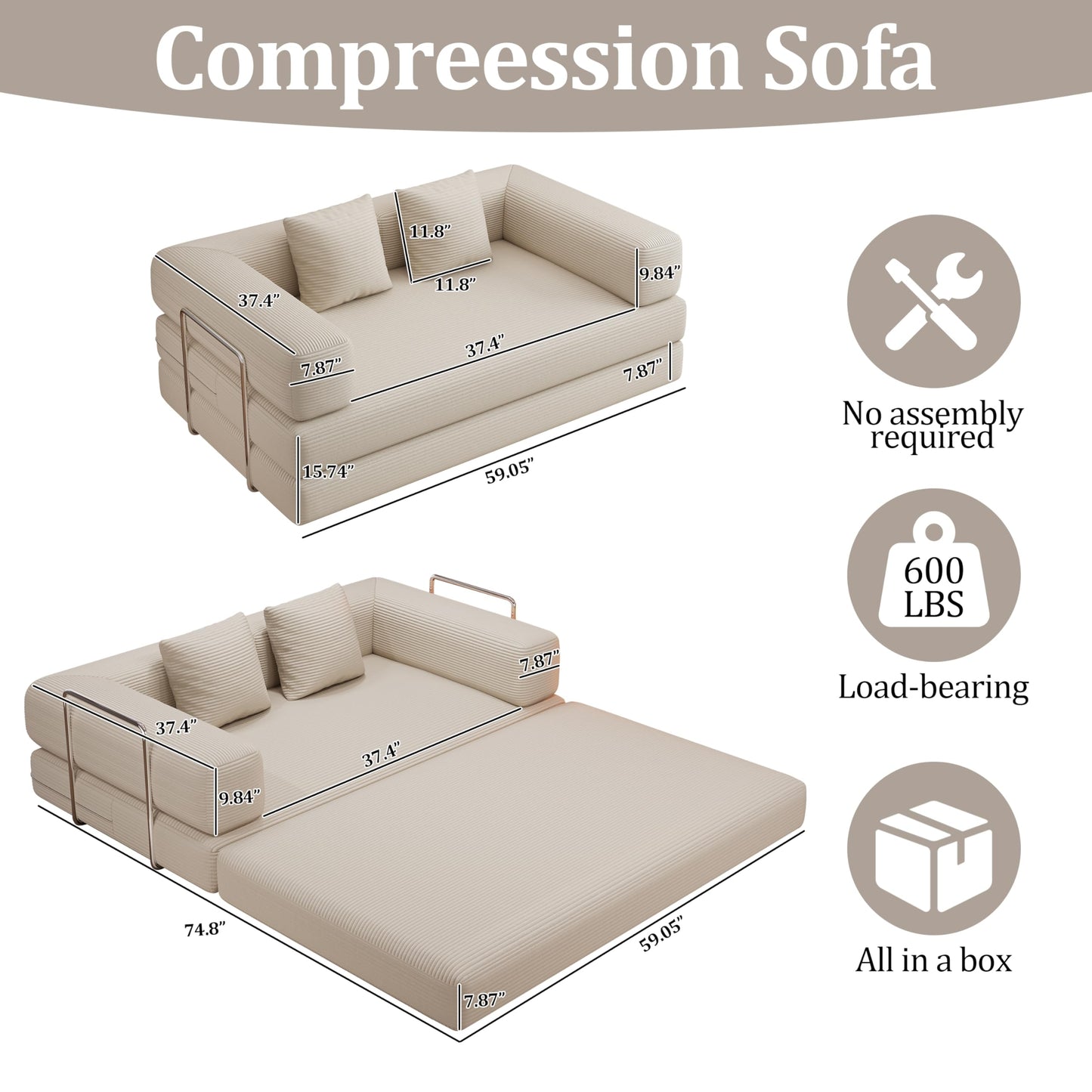 59.0 Inch Convertible Sofa Bed, 4-in-1Futon Sofas Bed Pull Out Sleeper Couch, Modern Deep Seat Sofa for Living Room, Corduroy Boneless Couches for Bedroom, Apartment, No Assembly Beige, 2 Seat