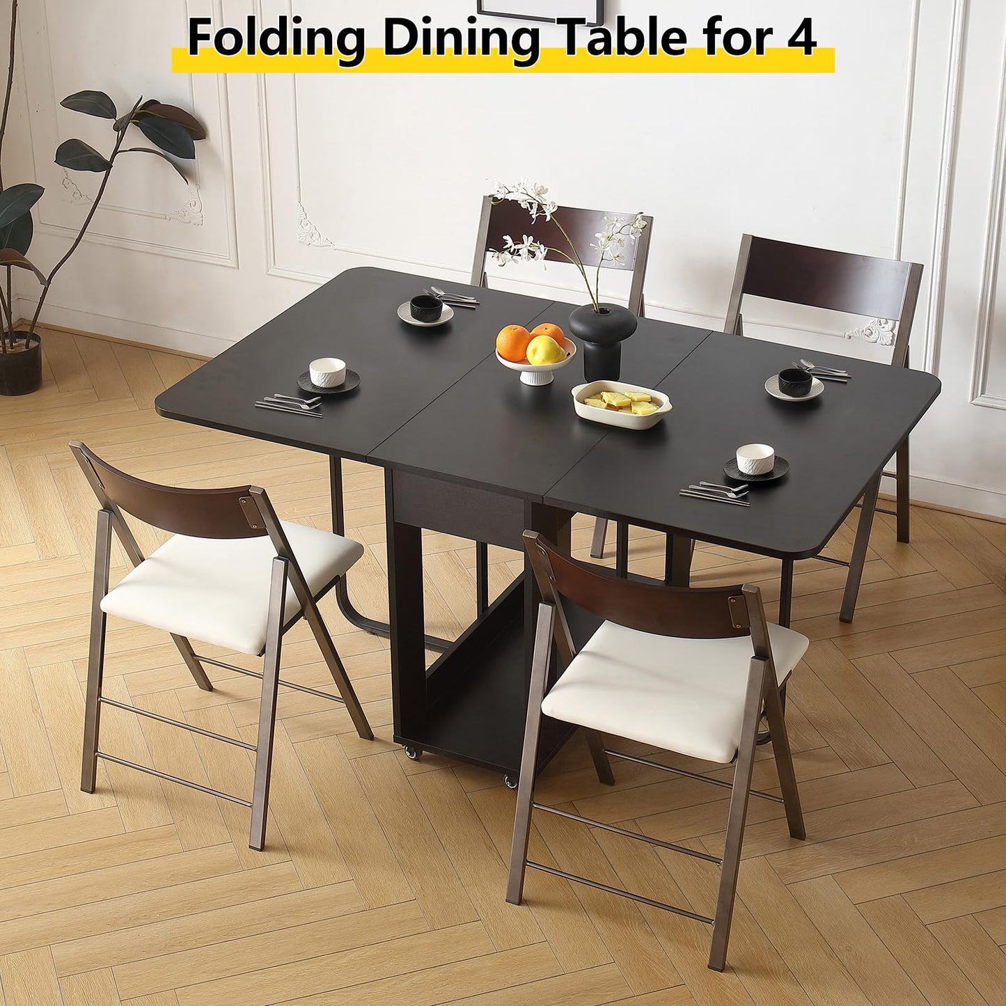 VASTATIO Folding Dining Room Table with Two Drawers for 4/6 with Space Saving Drop Leaf Table,Lockable Wheels & Storage, Heavy Duty Plywood Top 300lb, Convertible Desk for Apartments/RV/Home Office