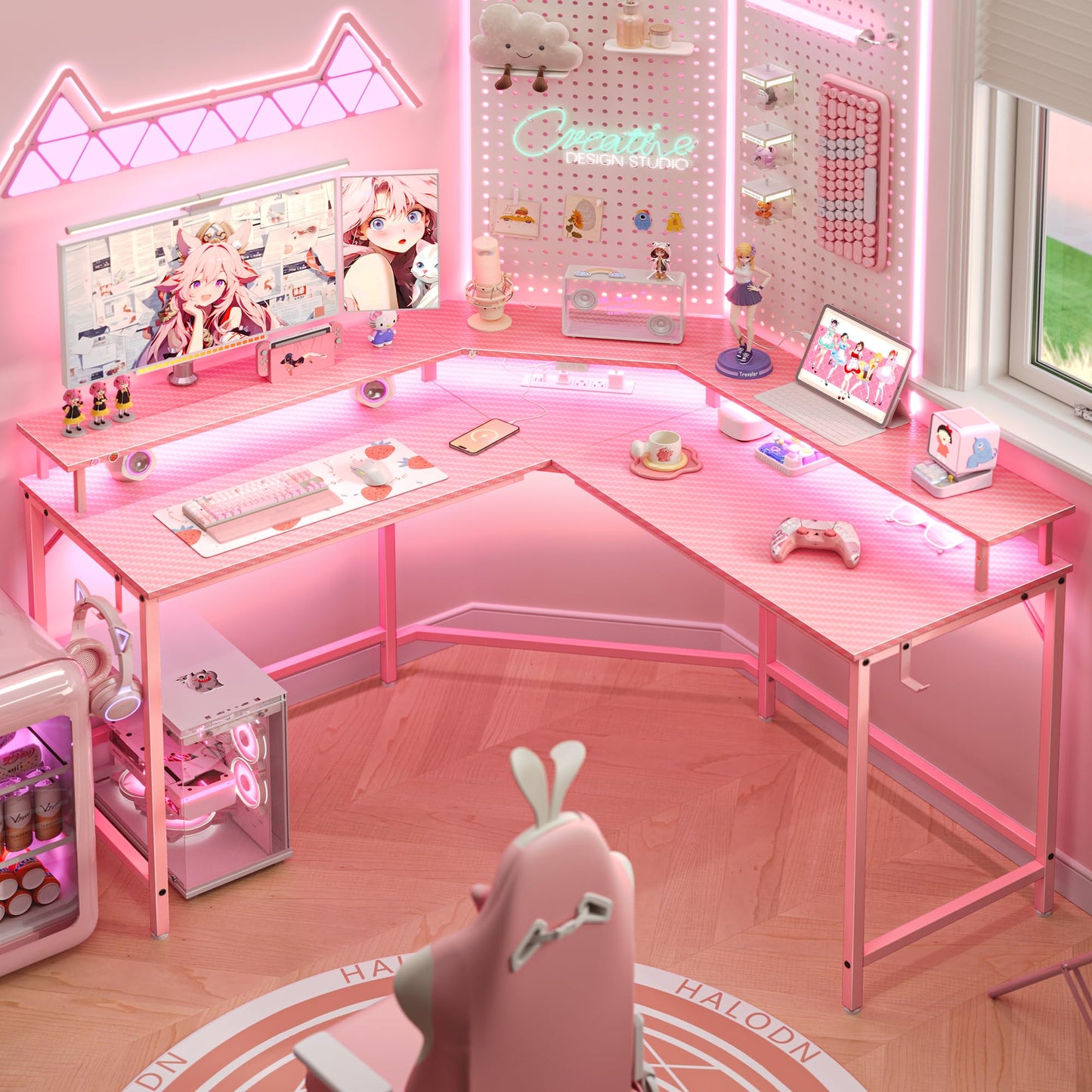 Huuger L Shaped Gaming Desk with Power Outlets & LED Lights, Computer Desk with Monitor Shelves, Carbon Fiber Surface, Home Office Desk, Corner Gaming Desk with Hooks, Carbon Fiber Pink