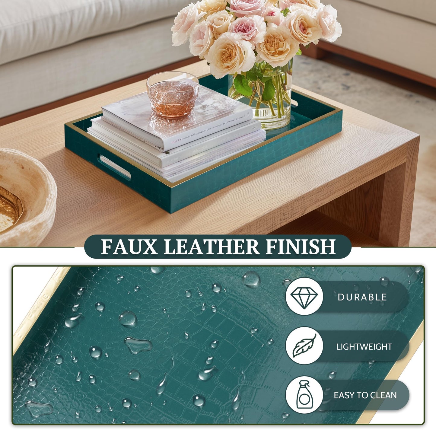 MAONAME Faux Leather Tray, Rectangular Serving Tray with Handles, Green Decorative Trays for Coffee Table, Shagreen Ottoman Trays for Living Room, Office, 17" x 12"