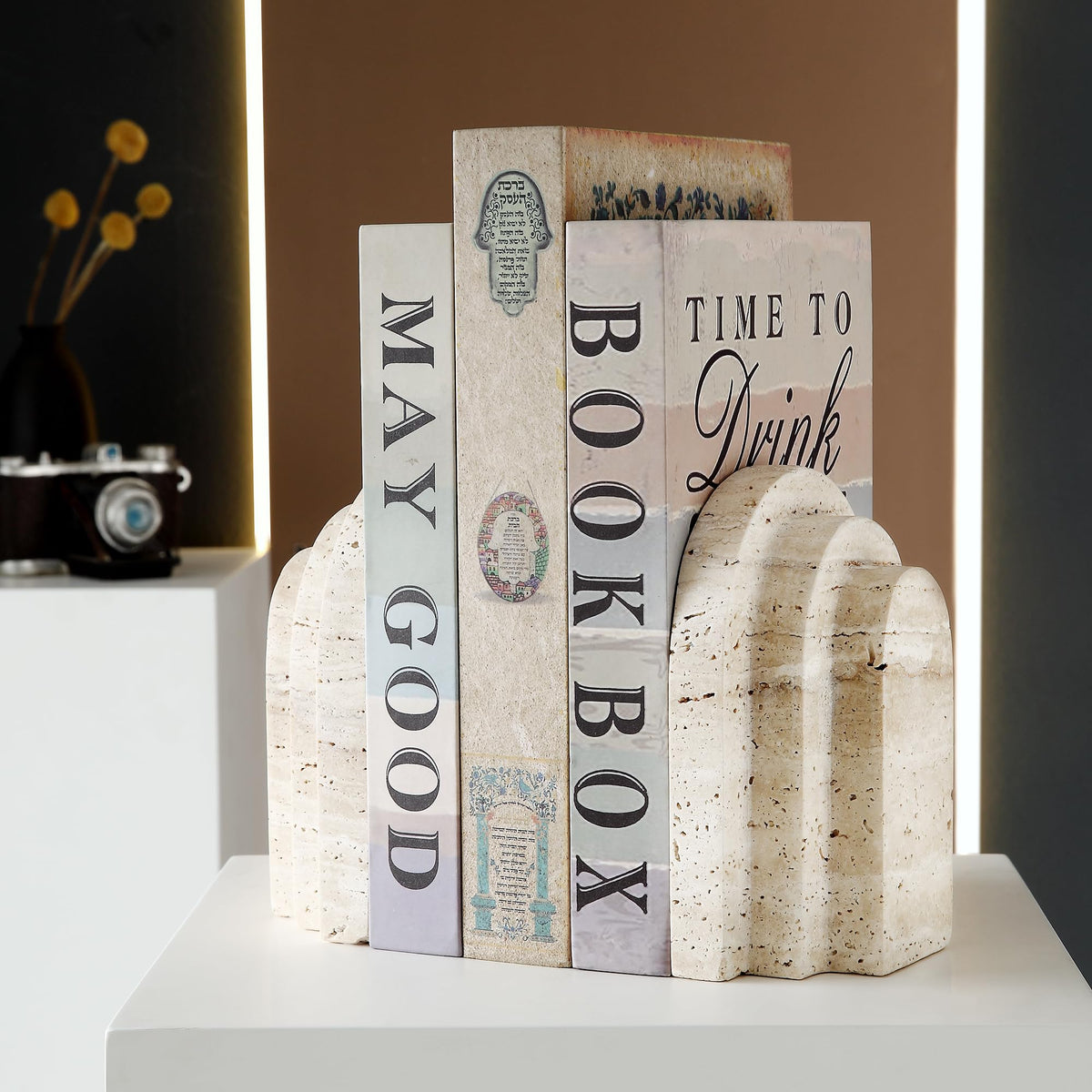 Natural Travertine Book Ends for Shelves Heavy 7.4 Lbs Non Slip Base