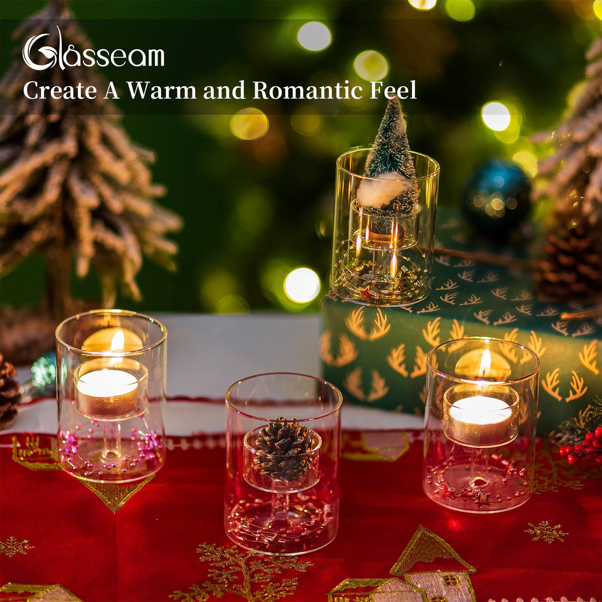 Glasseam Glass Tealight Candle Holder: Small Hurricane Cylinder Votive Holder Set of 6 Modern Table Centerpiece Wedding Christmas Party Decorations, 3.15