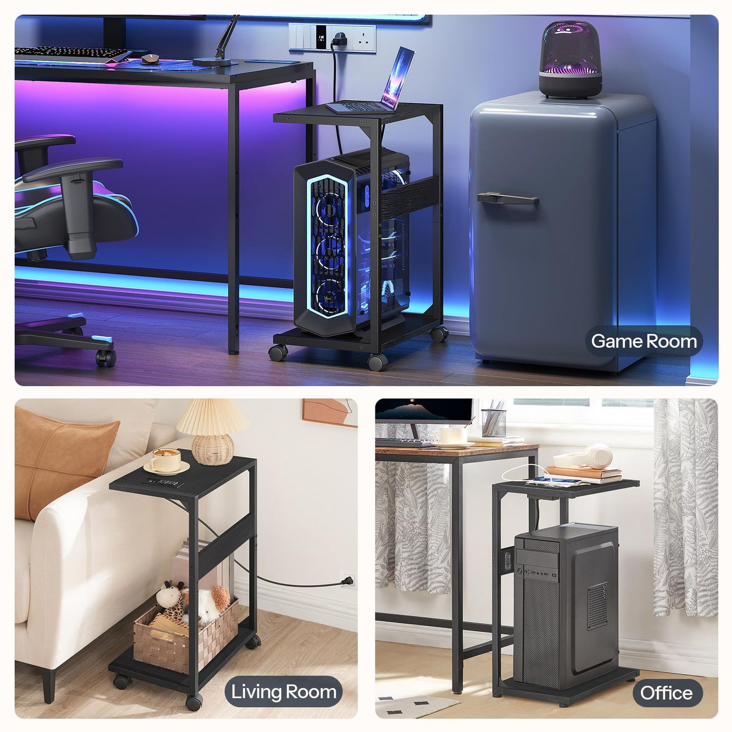HOOBRO Computer Tower Stand, PC Stand with Charging Station, 2-Tier Under Desk CPU Holder with Lockable Wheels, PC Floor Cart Fits Most Computer Towers, for Home Office, Black BB01UCJ01G1