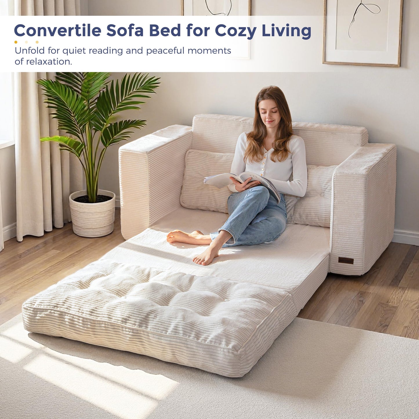 MAXYOYO Convertible Sofa Bed, Pull Out Loveseat Sofa Couch, Fold Out Floor Couch with Pillows for Living Room Bedroom Lounge, Beige