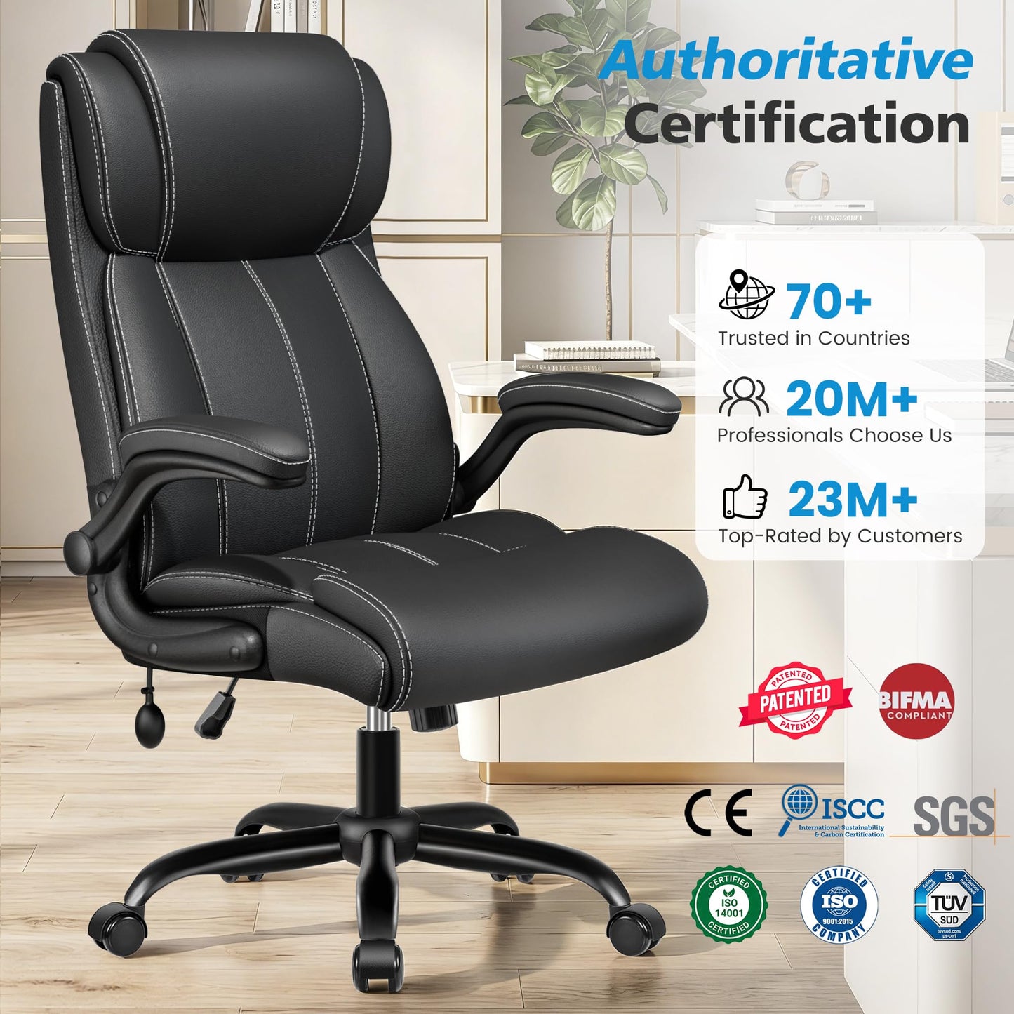 Stella Mia Ergonomic Office Chair – High Back Executive Leather Desk Chair with Inflatable Lumbar Support for Back Pain, Heavy-Duty Computer Desk Chair for Long Workdays, Black
