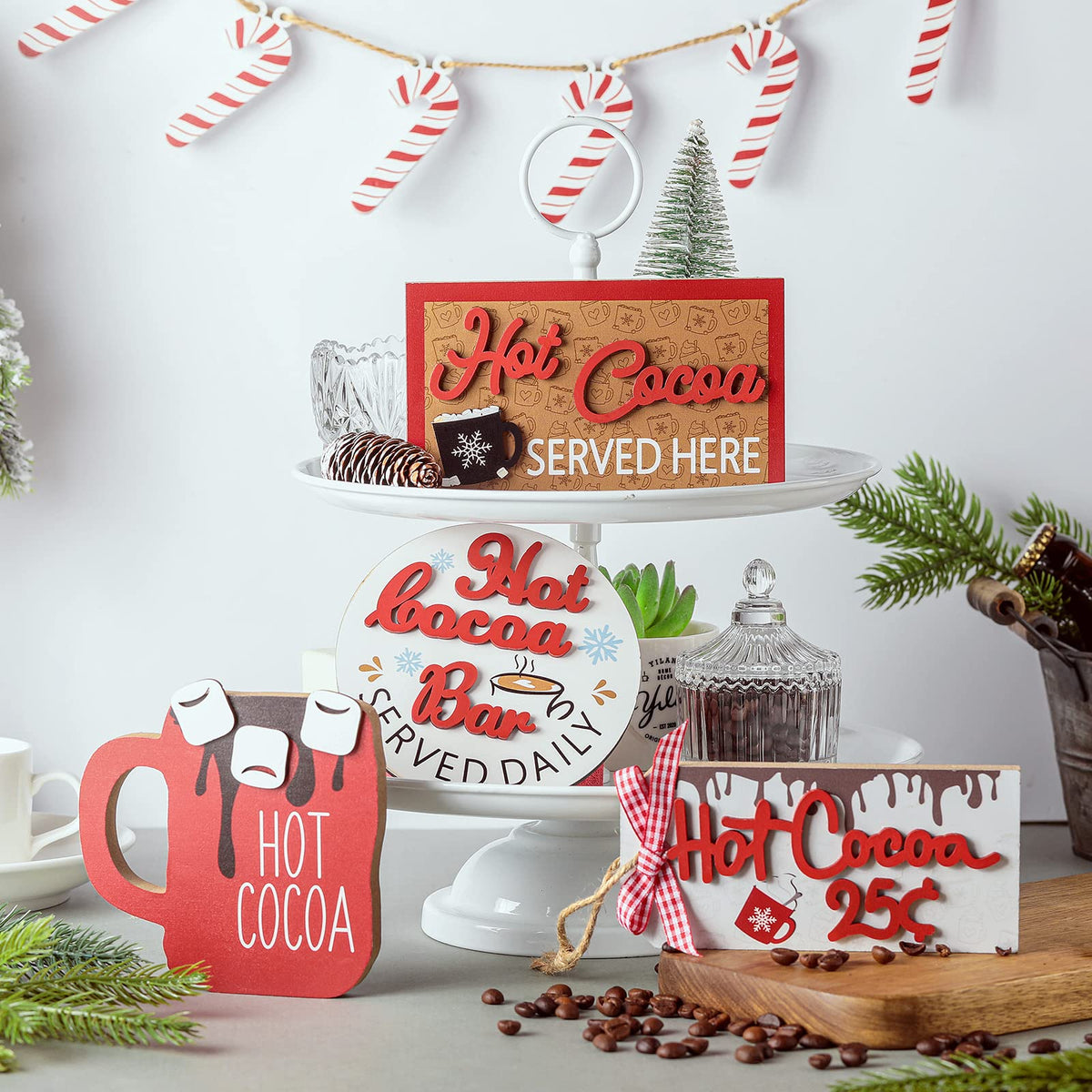 Yalikop 5 Pieces Christmas Hot Cocoa Wooden Signs Tiered Tray Decoration Hot Cocoa Decor Warm Winter Tabletop Wooden Block Sign Christmas Candy Canes Tiered Tray Decorations Holiday Table Centerpieces