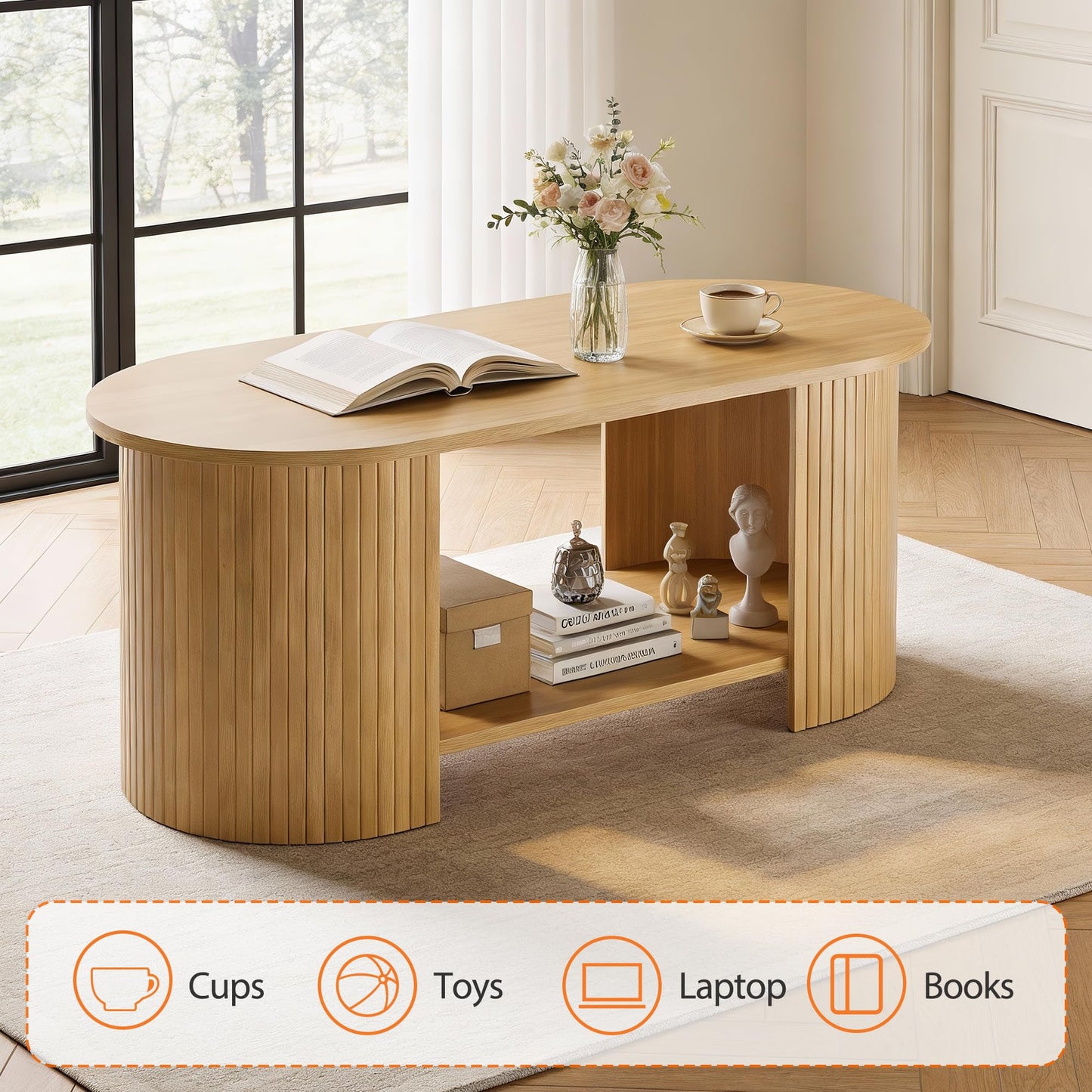 MXV Oval Fluted Coffee Table, 2-Tier Mid Century Modern Center Table, Tea Table with Large Storage, Farmhouse Coffees Table for Living Room, Office, Bedroom, Oak