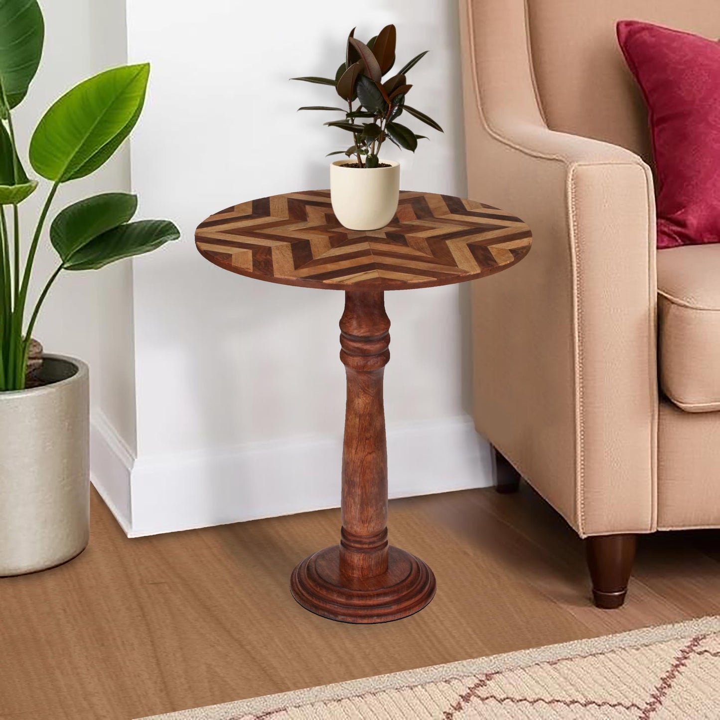 The Wooden Town Handcrafted Round Coffee Table for Living Room – 18x21.5 Inch Wooden End Table, Side Table, Accent Table – Solid Wood Small Table with Pillar Joint Design – Natural Finish