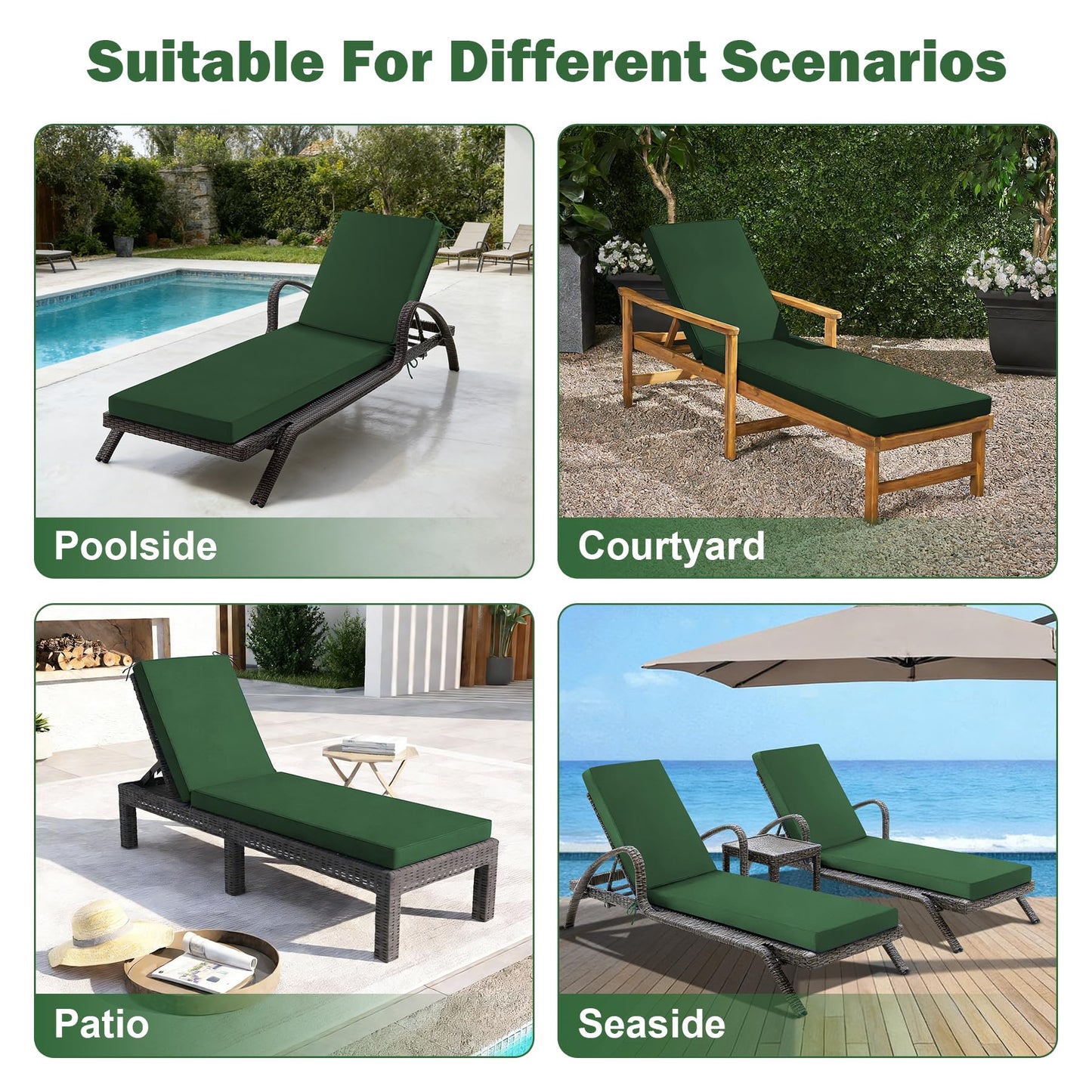 Aegisun Chaise Lounge Cushions Outdoor, 72x 21x 3 Inch Waterproof & Fade-Resistant Lounge Chair Cushion, Outdoor Chaise Cushion with Removable Cover & Ties for Lawn, Patio, Pool & Beach, Forest Green