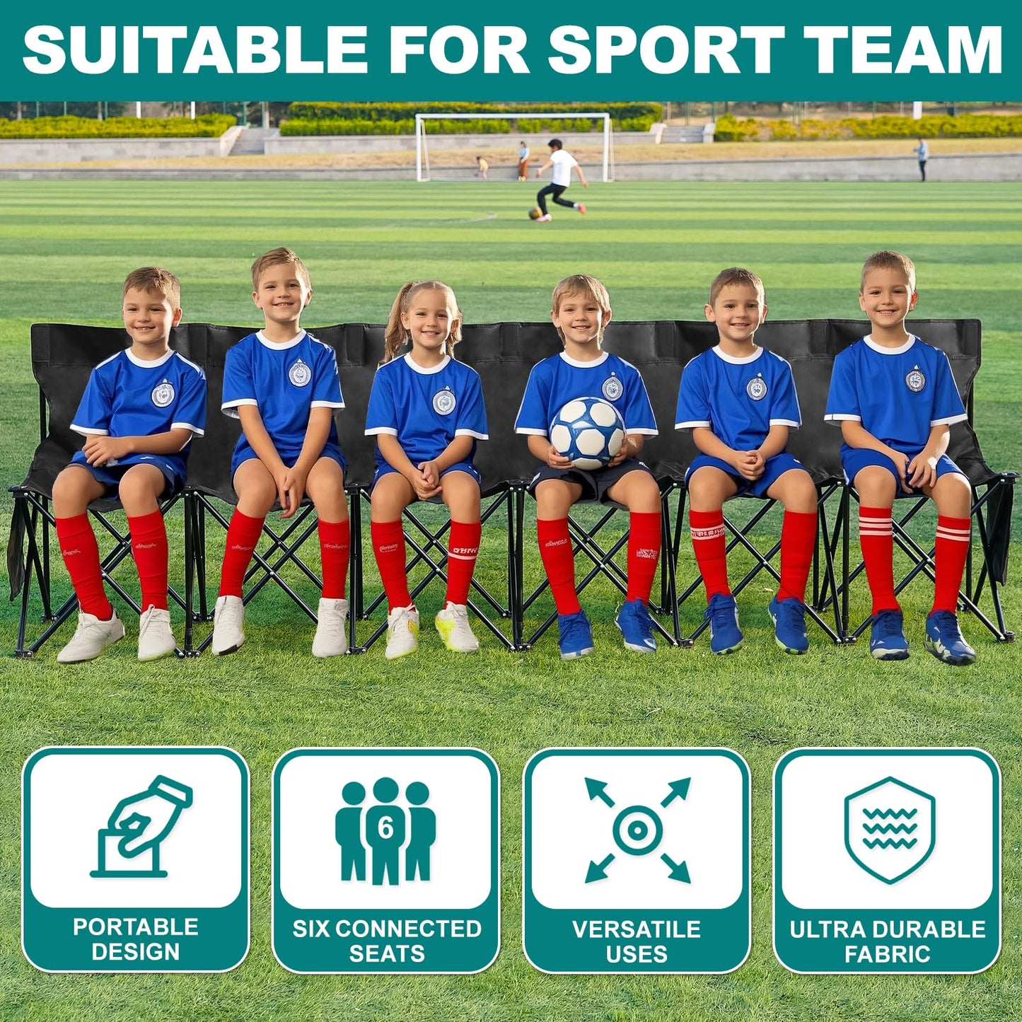 1MORE Soccer Bench - Portable Folding Team Bench, 6 Seats Foldable Sideline Benches, Soccer Chair with Bag & Backrest, Adult Team Chair for Football Camp Sport Events Outdoor Seating.Black
