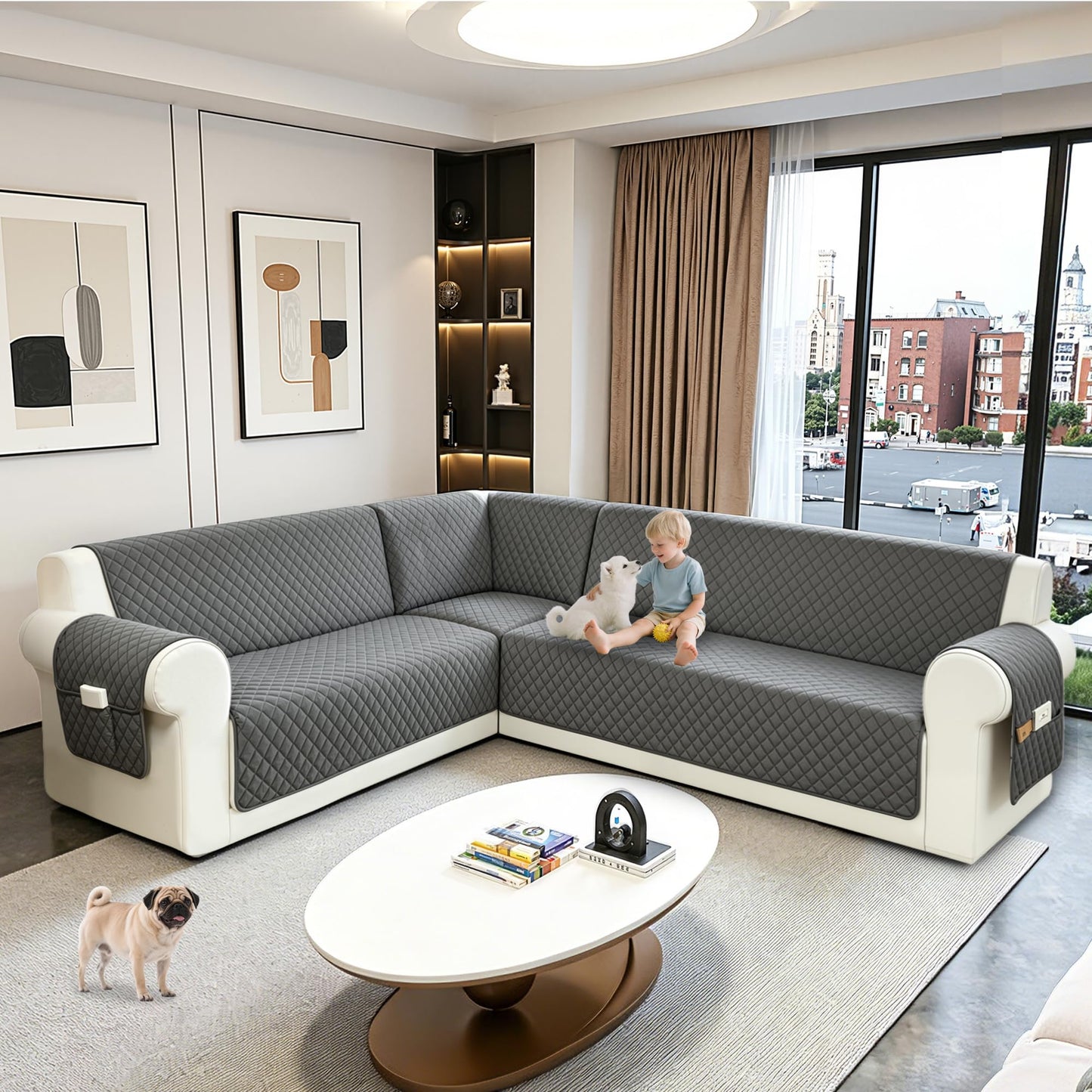 SYJOVIA Sectional Couch Covers for Dogs 100% Waterproof Corner L Shaped Sofa Cover Pet Friendly Velvet Washable Anti Slip L Shape Modular Sofa Slipcover Protector with Pockets (Dark Gray, X-Large)