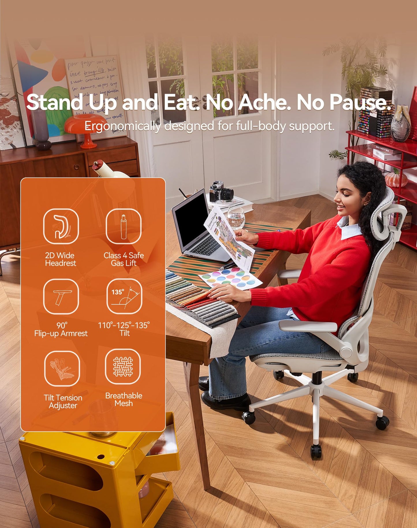 SIHOO B100 Office Chair, Comfy Ergonomic Office Chair, High Back Computer Chair with Adaptive Lumbar Support & wide Headrest, Flip-up Armrests, Swivel Desk Chair for Long Hours, WITHOUT Footrest, Grey