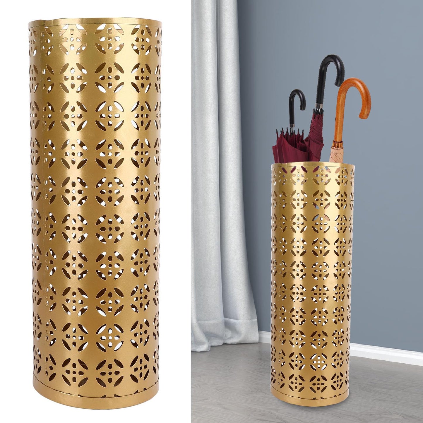 Fockety Metal Umbrella Holder, Round Proof Umbrella Storage Organizer Hollow Copper Pattern Umbrella Organizer Bin Umbrella Stand Rack for Home Entryway Hotel Office Decor (S