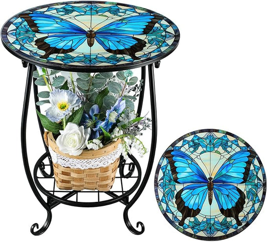 Cinnvoice Outdoor Side Table Round Small Mosaic Patio Accent Indoor End Plant