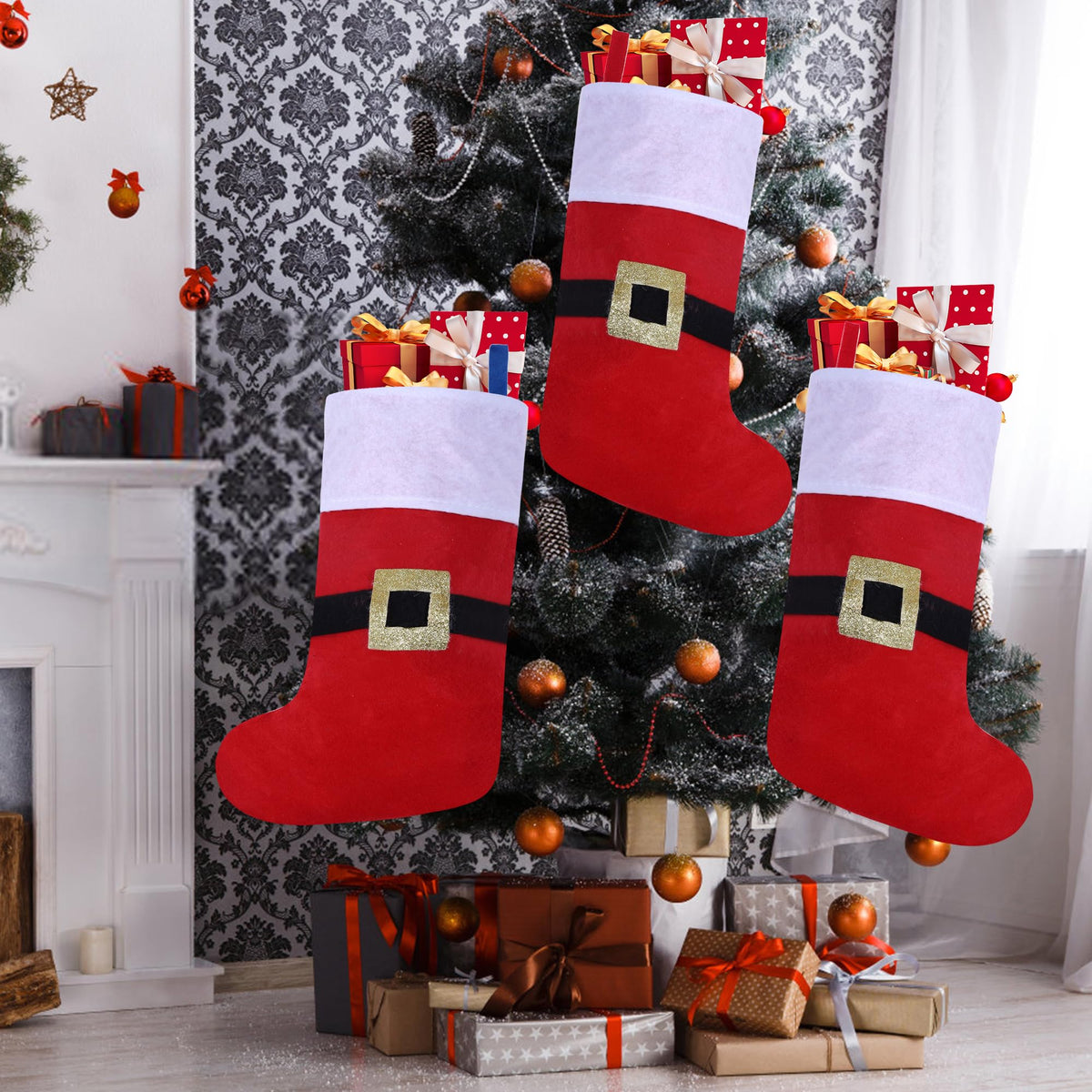 Tokforty 12 Pack Felt Christmas Stockings with Buckle, 19 Inches Red and White Christmas Stockings Hanging Ornaments, White Cuff with Buckle Christmas Stocking for Family Christmas Holiday Decorations