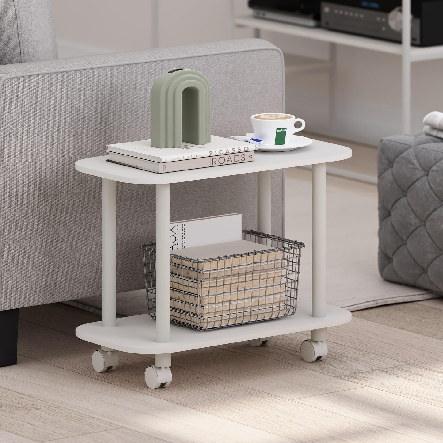 Furinno Turn-N-Tube Book Cart, 2-Tier Oval Sofa Side Table with Wheels, Round Corner Night Stand, End Table with Open Shelf, Toolless Assembly, for Living Room, Bedroom, White