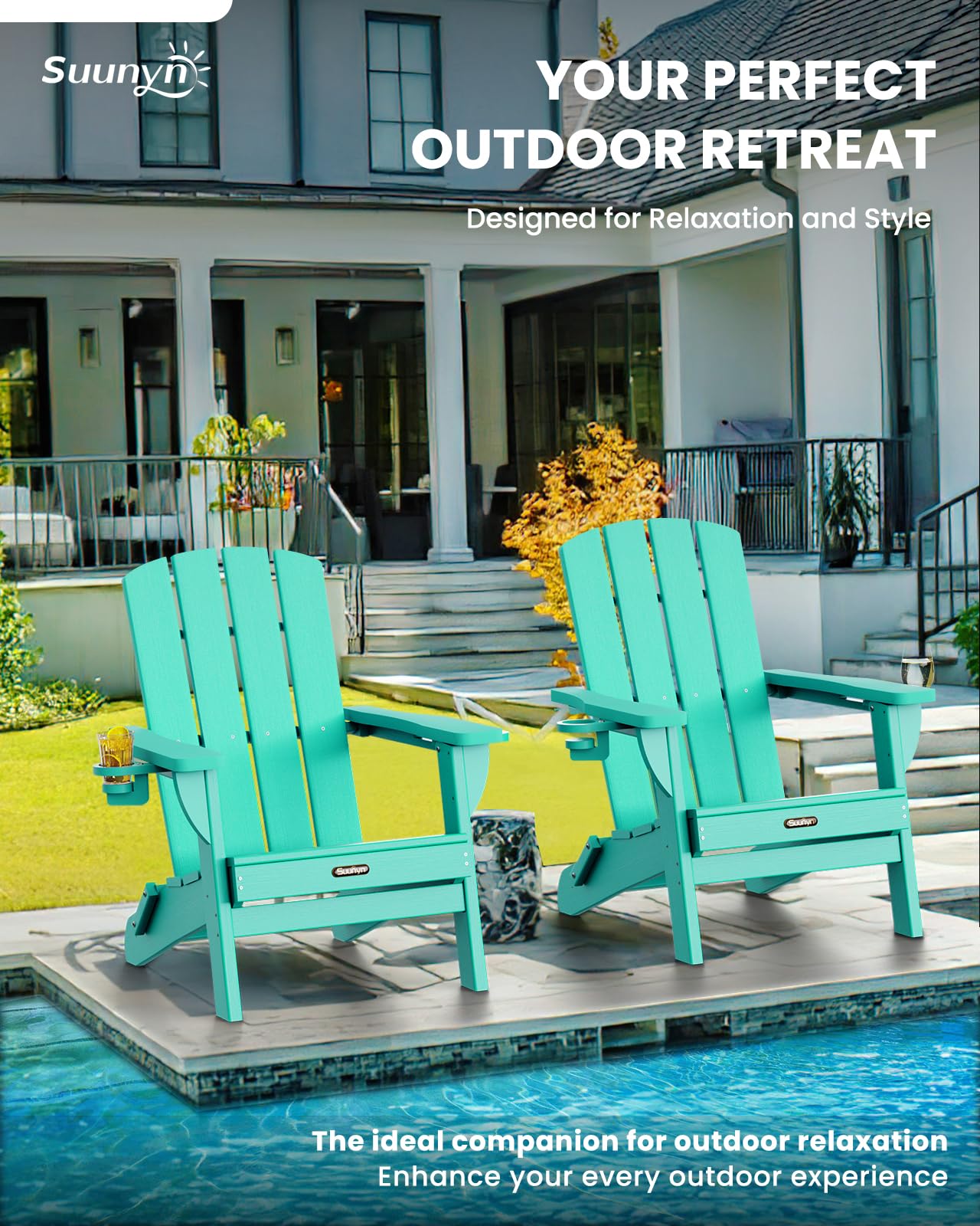 SUUNYN Folding Adirondack Chair, HDPE Adirondack Chairs with 2 Cup Holder, Plastic All-Weather Fire Pit Chairs, Outdoor Lawn Chair for Patio Garden (Lake Blue)