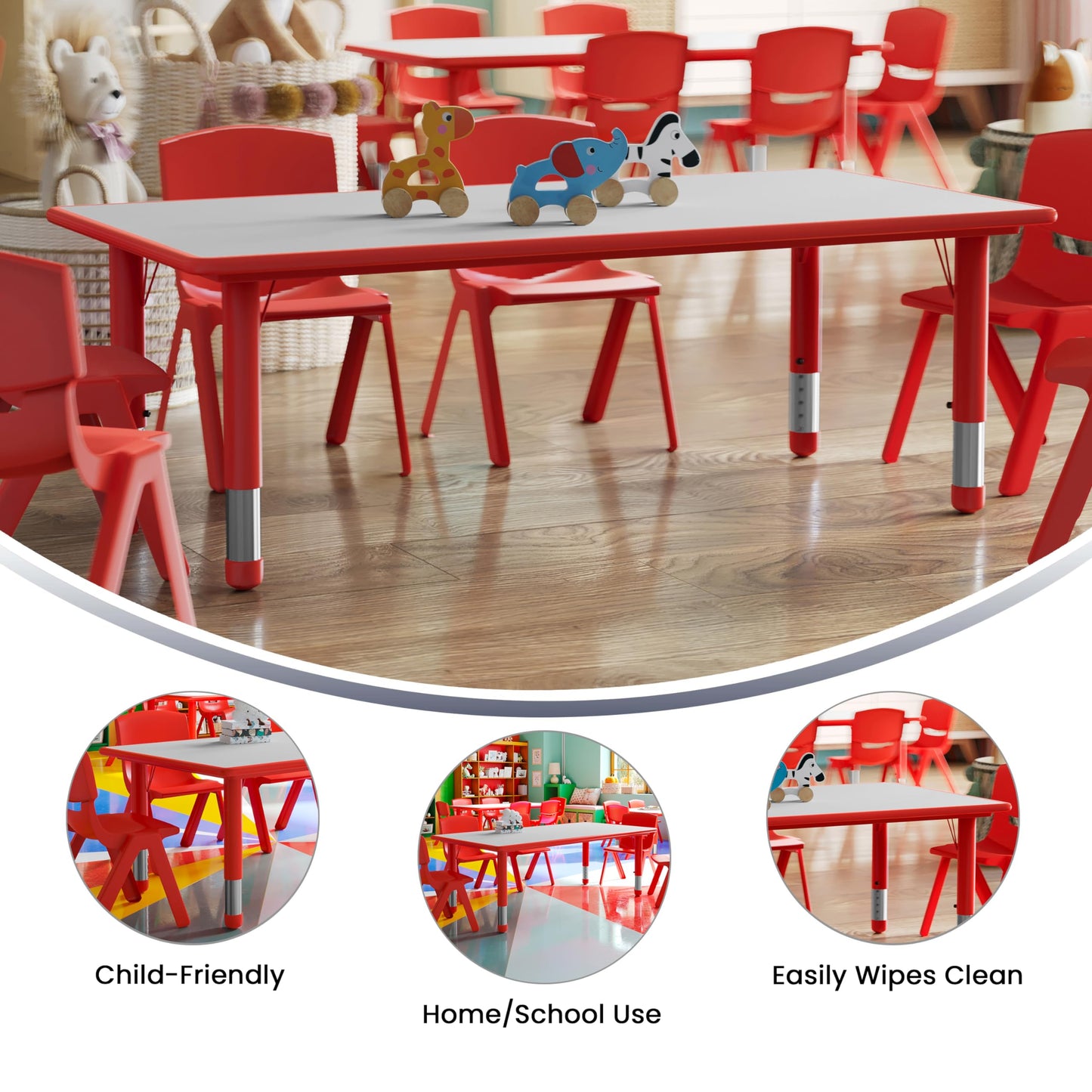Flash Furniture Wren 23.625''W x 47.25''L Rectangular Red Plastic Height Adjustable Activity Table with Grey Top