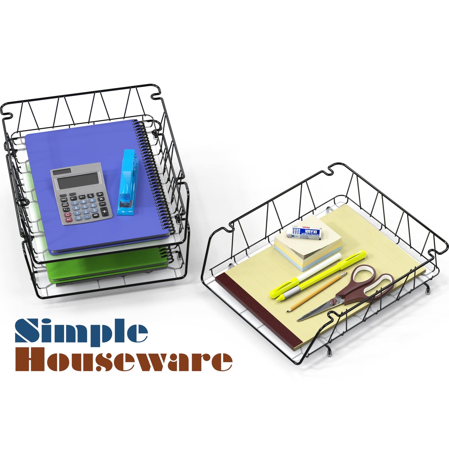 Simple Houseware Stackable Desk File Document Letter Tray with Liner, Wire Grid, 3 Packs, Black