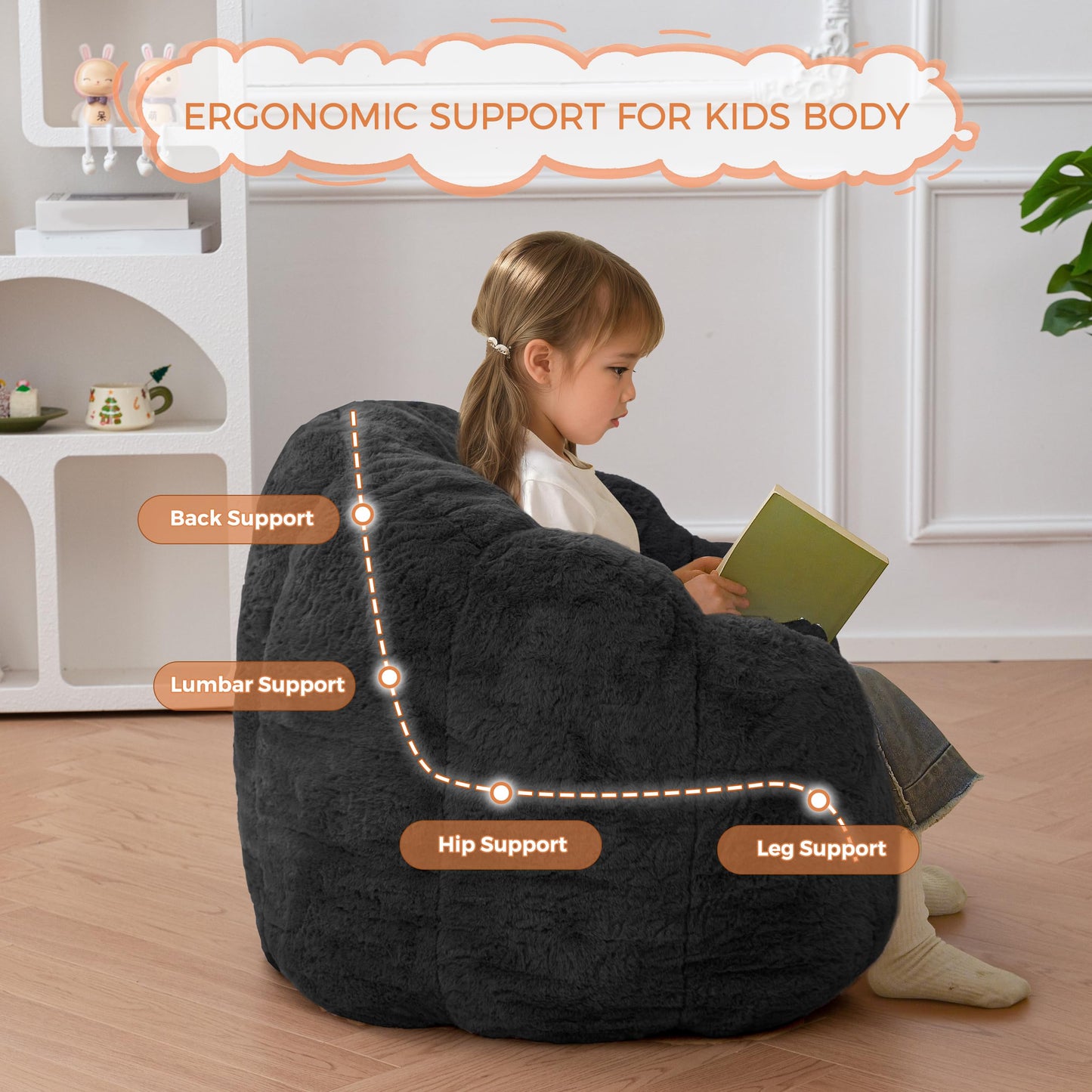 MAXYOYO Kids Bean Bag Chair, Floral Shaped Bean Bag Sofa, Plush Faux Fur Toddler Couch with Petal Backrest for Boys Girls, Stuffed Cozy Sofa for Nursery, Bedroom, Black