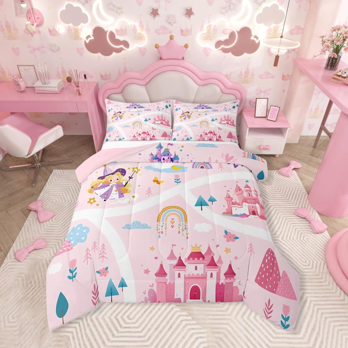 Feelyou Kids Princess Duvet Insert Queen Size, Girls Dreamy Magic Castle Comforter Set Boys Girls for Cartoon Rainbow Bedding Set Fairytale Teens Bedroom Decor with 2 Pillow Case