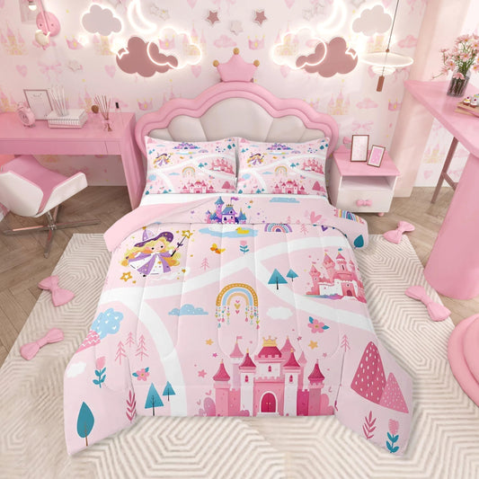 Feelyou Kids Princess Duvet Insert Queen Size, Girls Dreamy Magic Castle Comforter Set Boys Girls for Cartoon Rainbow Bedding Set Fairytale Teens Bedroom Decor with 2 Pillow Case