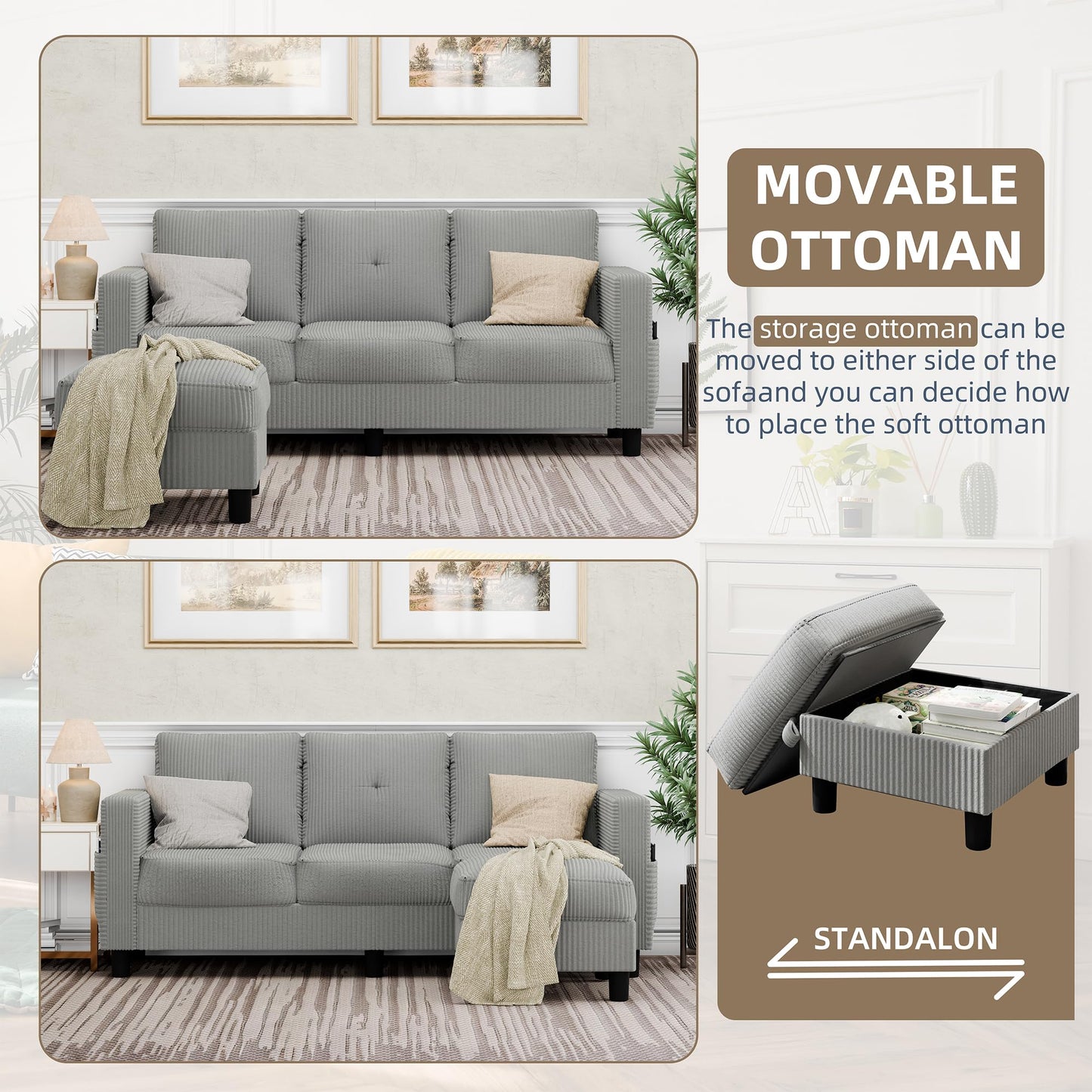 Convertible Sectional Sofa with Storage Ottoman, 77” L-Shaped 3-Seat Couch with Skin-Friendly Corduroy Fabric, Reversible Small Sectional for Small Space, Apartment, Living Room and Office (Grey)