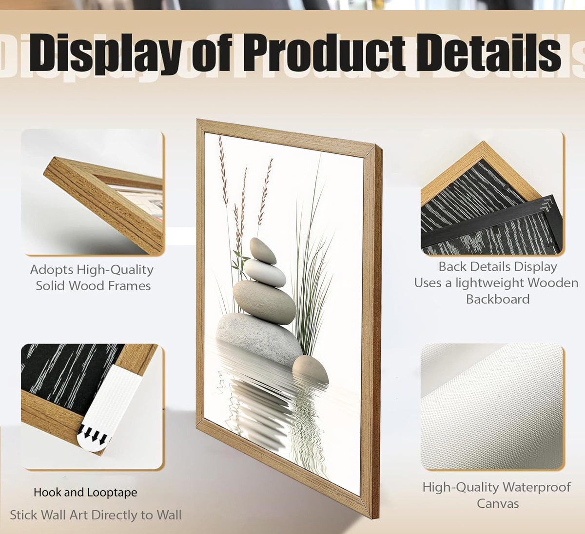 Wooden Frame Zen Stone Canvas Wall Art, Stacked Stones in Water Poster Print. Tranquil Wild Grass Picture for Spa Yoga Meditation Room Bathroom Wall Decor 12x16in Ready to Hang