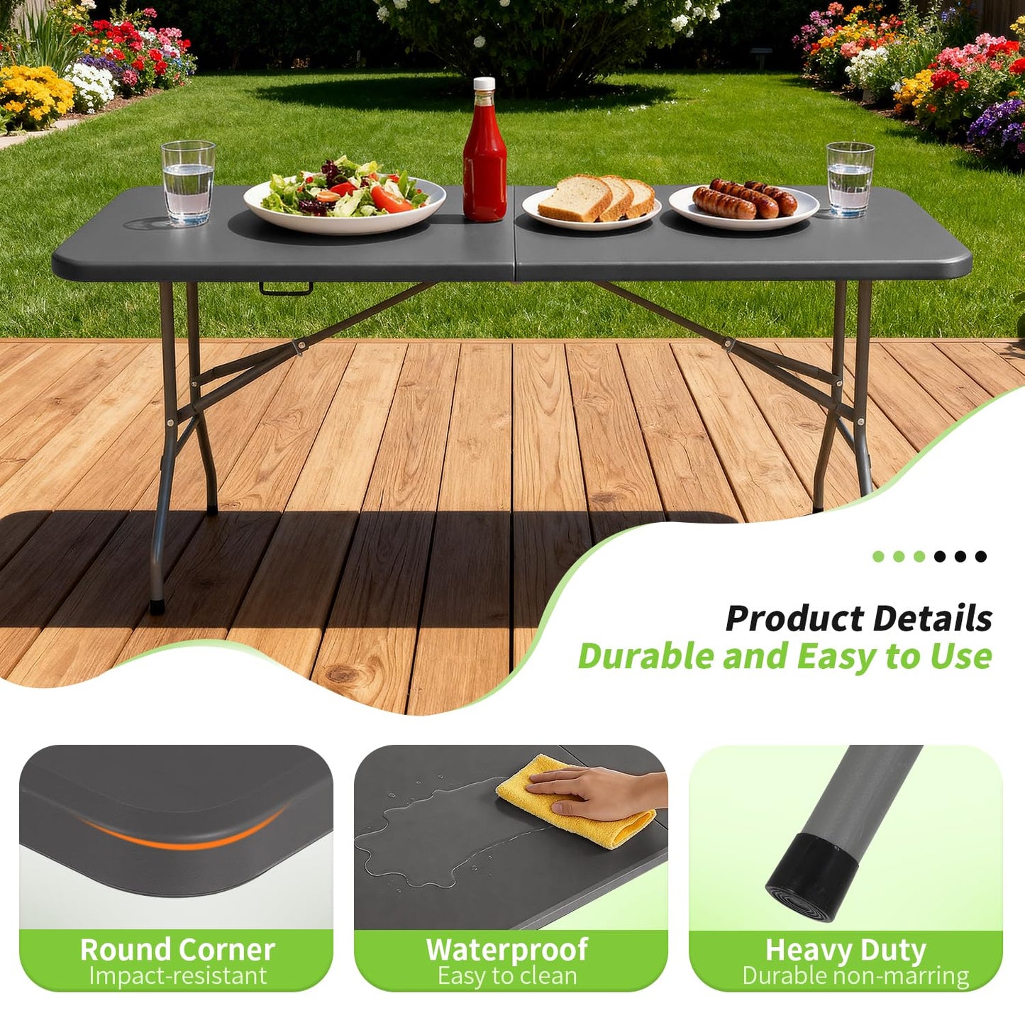 BestOffice 6 FT Picnic Table, Portable Plastic Folding Table with Carrying Handle Perfect for Picnics, Parties, Party and Camping, Grey
