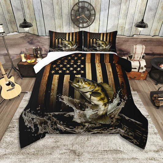 Vintage American Flag Comforter Set,Bass Fish Bedding Set for Kids Teens Men Adult Room Decor,Fishing and Hunting Quilt Set Black Brown Rustic Farmhouse Wood Striped Duvet Insert Twin Size