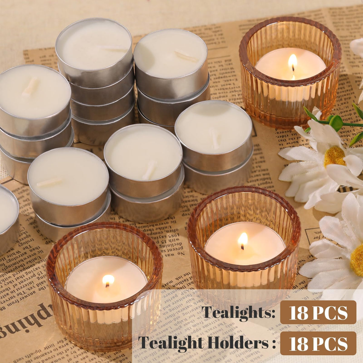 HAVITI 18 Pcs Gold Tealight Candle Holders with 18PCS Tealights, Glass Votive Candle Holders Set for Table Centerpiece, Home Decor and Party Supplies