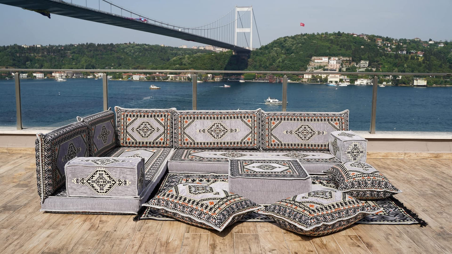 L Shaped Arabic Floor Cushions, Sectional Sofas, Arabic Majlis Set, Custom Made Sofa, Arabic Sofa Set, Seating Cushions (4'' Thickness Sofa, L Sofa Full Set, Gray)