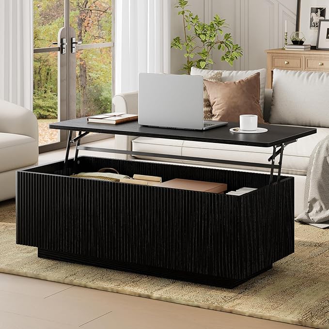 FABATO Mid Century Modern Coffee Table, Wooden Fluted Center Table