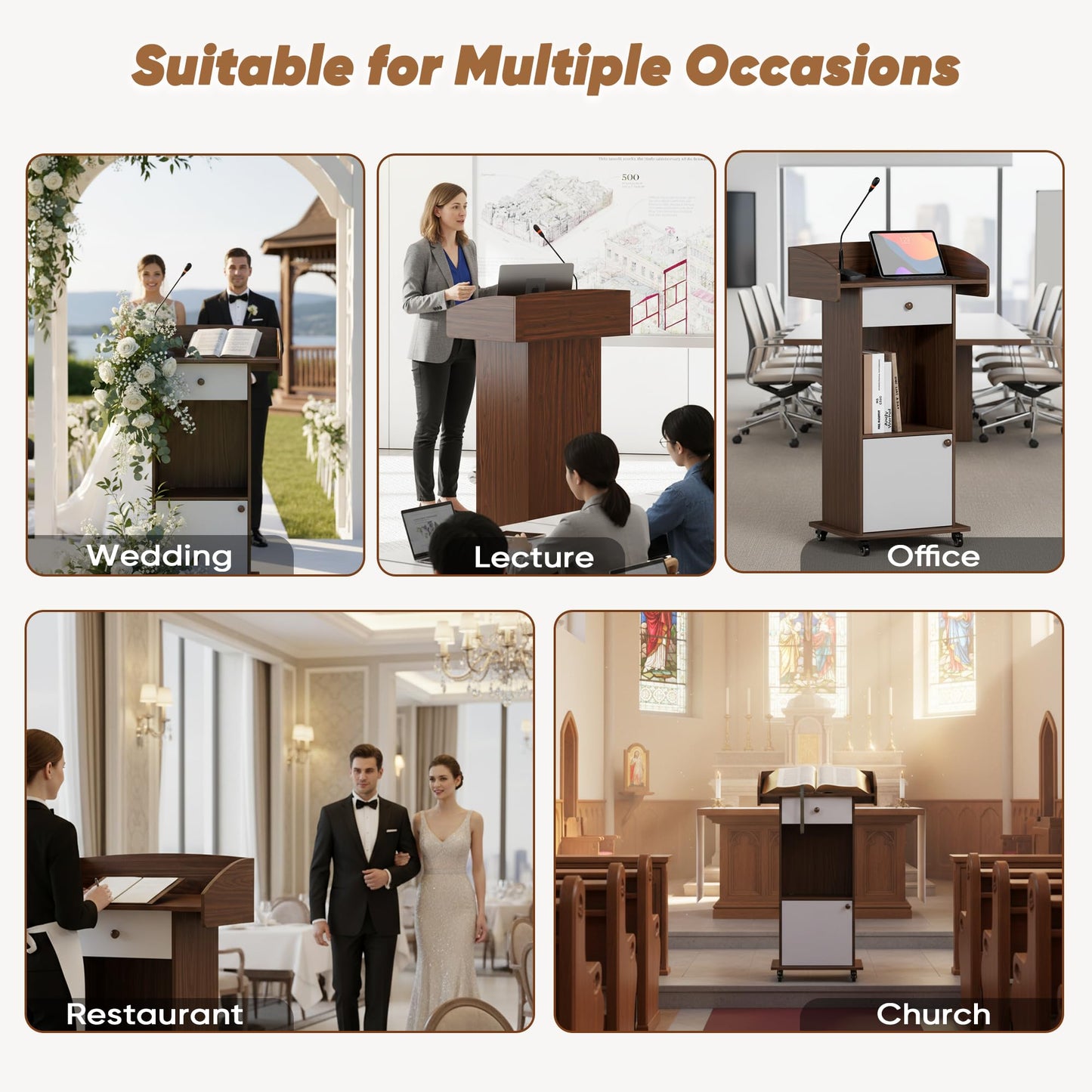 Suuiwau Mobile Wooden Podium Stand with Metal Wheels, Portable Pulpit with Drawer and Storage Cabinet, Built-in Cable Hole Lectern for Office Classroom Lecture Restaurant Church (Brown White)
