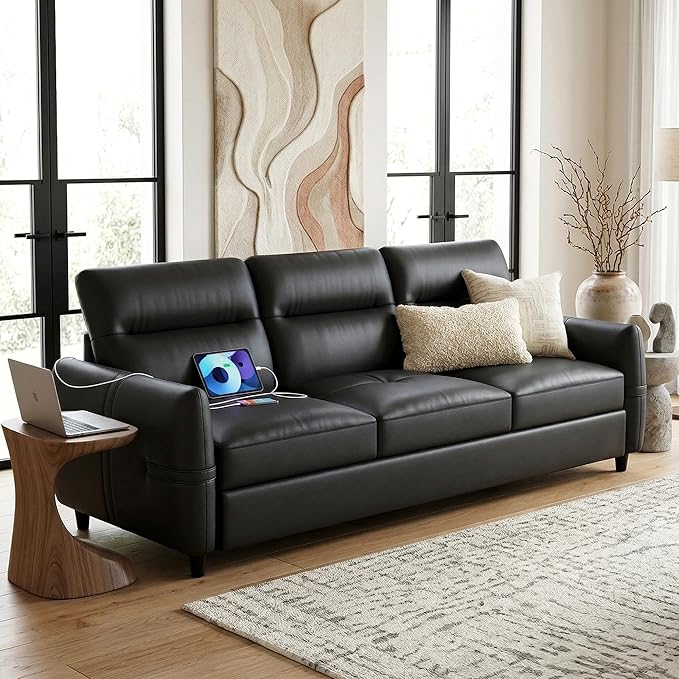 STHOUYN 85” Black Faux Leather Couch